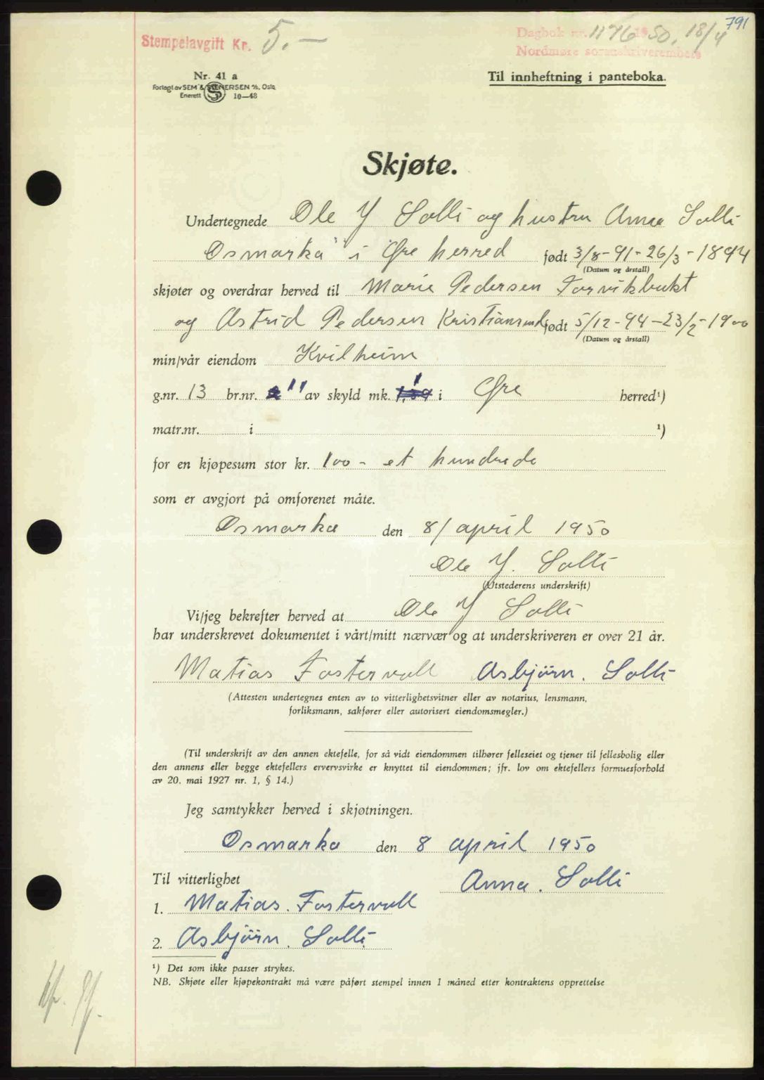 Nordmøre sorenskriveri, AV/SAT-A-4132/1/2/2Ca: Mortgage book no. A114, 1950-1950, Diary no: : 1176/1950