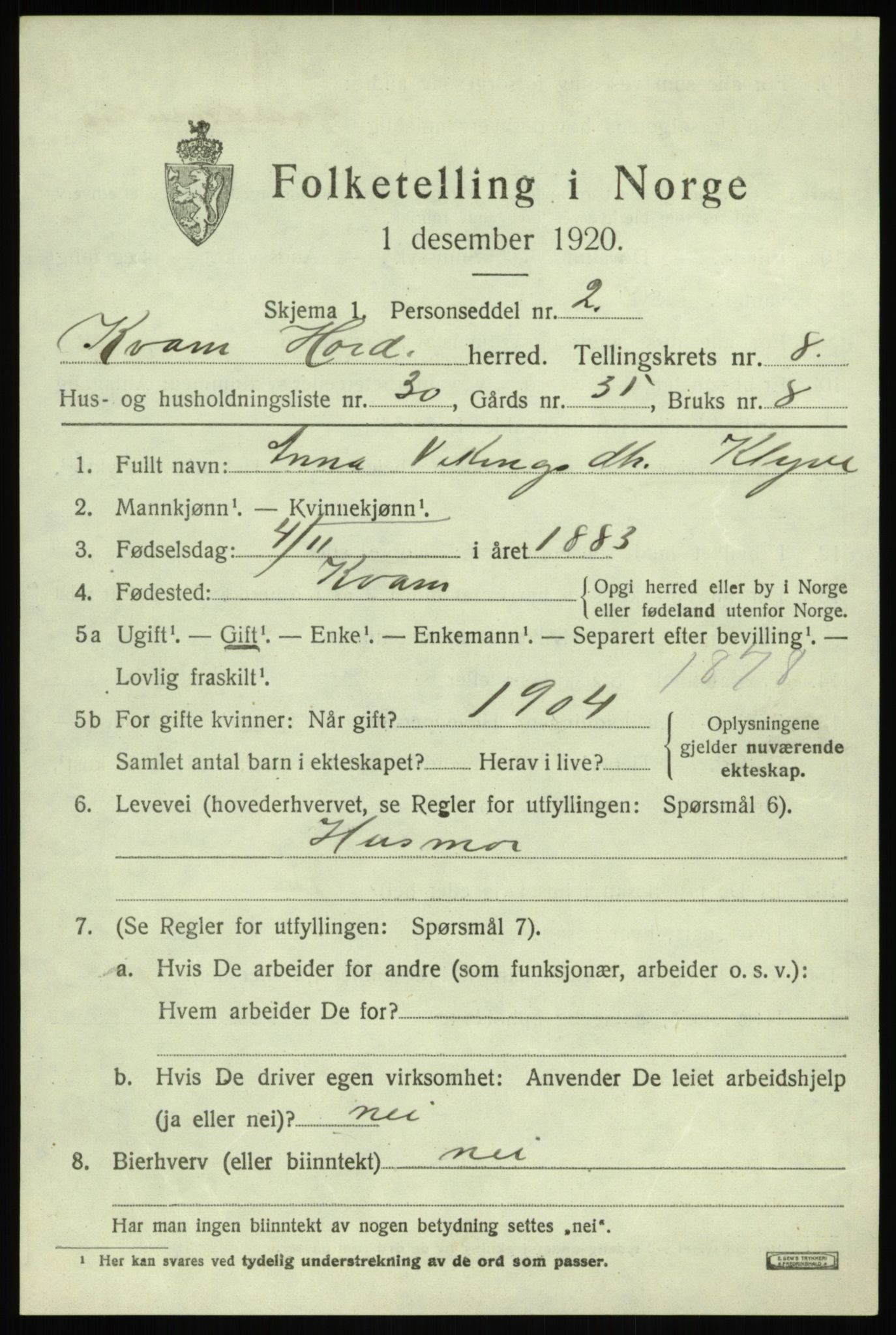 SAB, 1920 census for Kvam, 1920, p. 5423