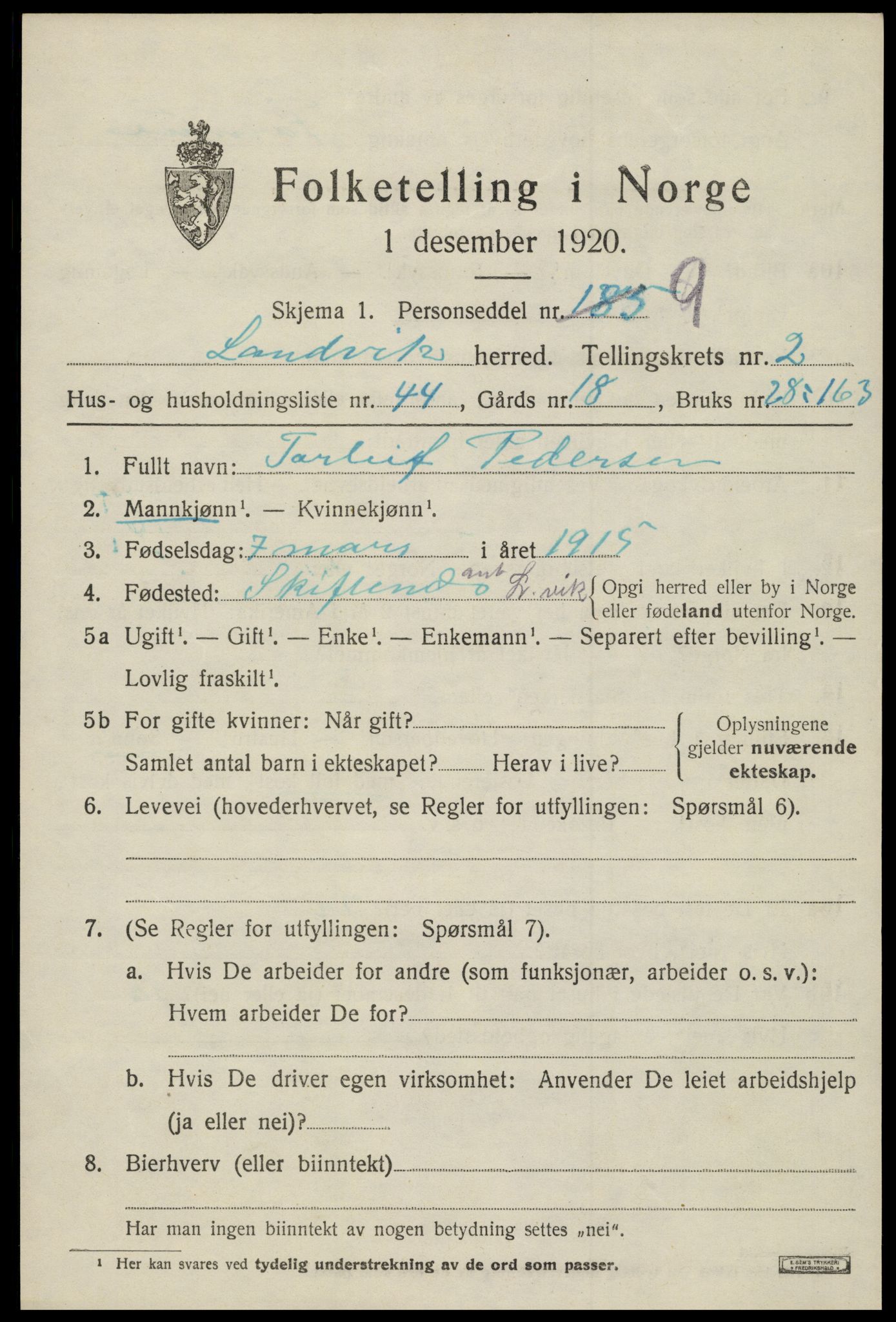 SAK, 1920 census for Landvik, 1920, p. 2136