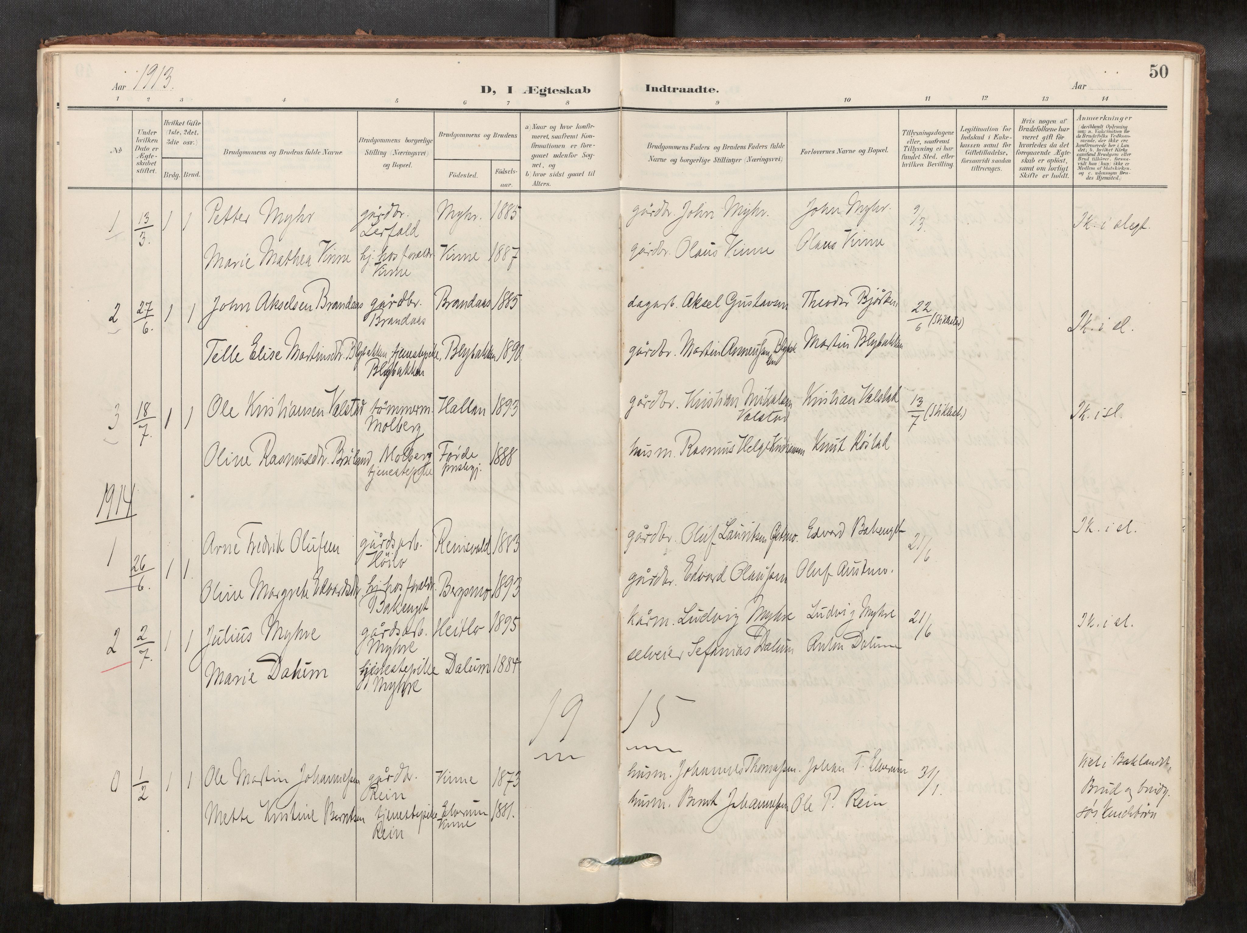 Verdal sokneprestkontor, SAT/A-1156/2/H/Haa/L0003: Parish register (official) no. 3, 1907-1921, p. 50