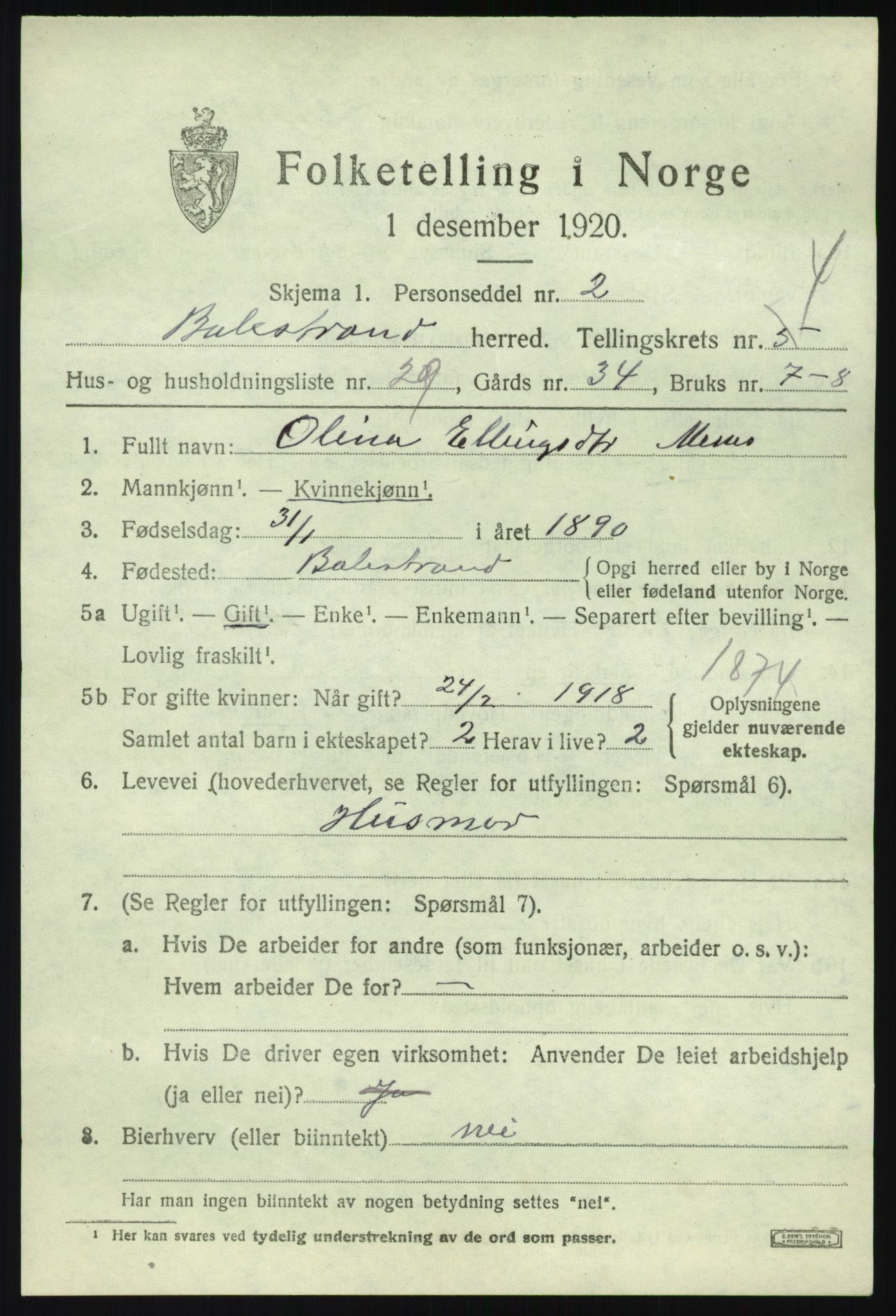 SAB, 1920 census for Balestrand, 1920, p. 2478