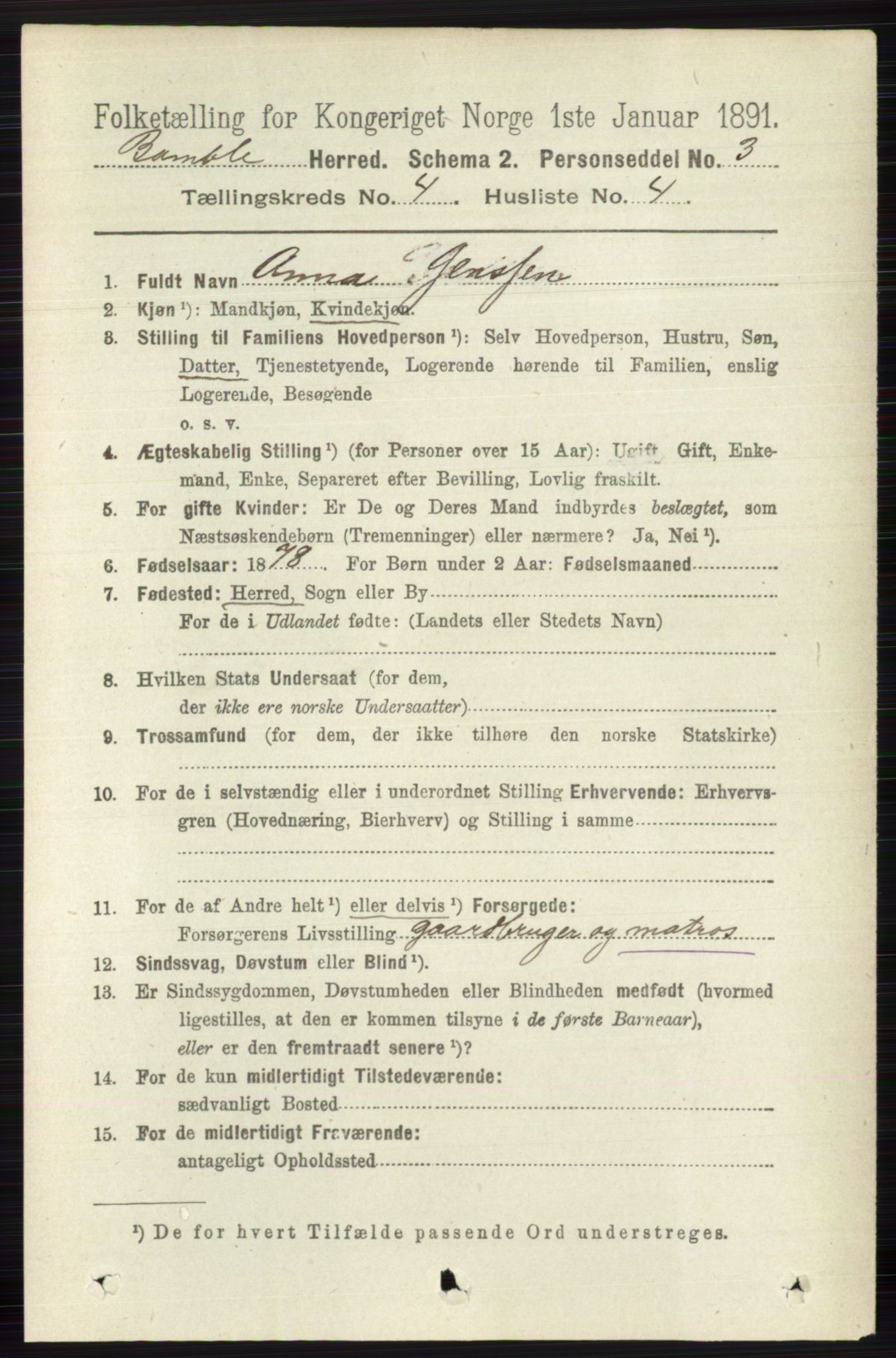 RA, 1891 census for 0814 Bamble, 1891, p. 1829