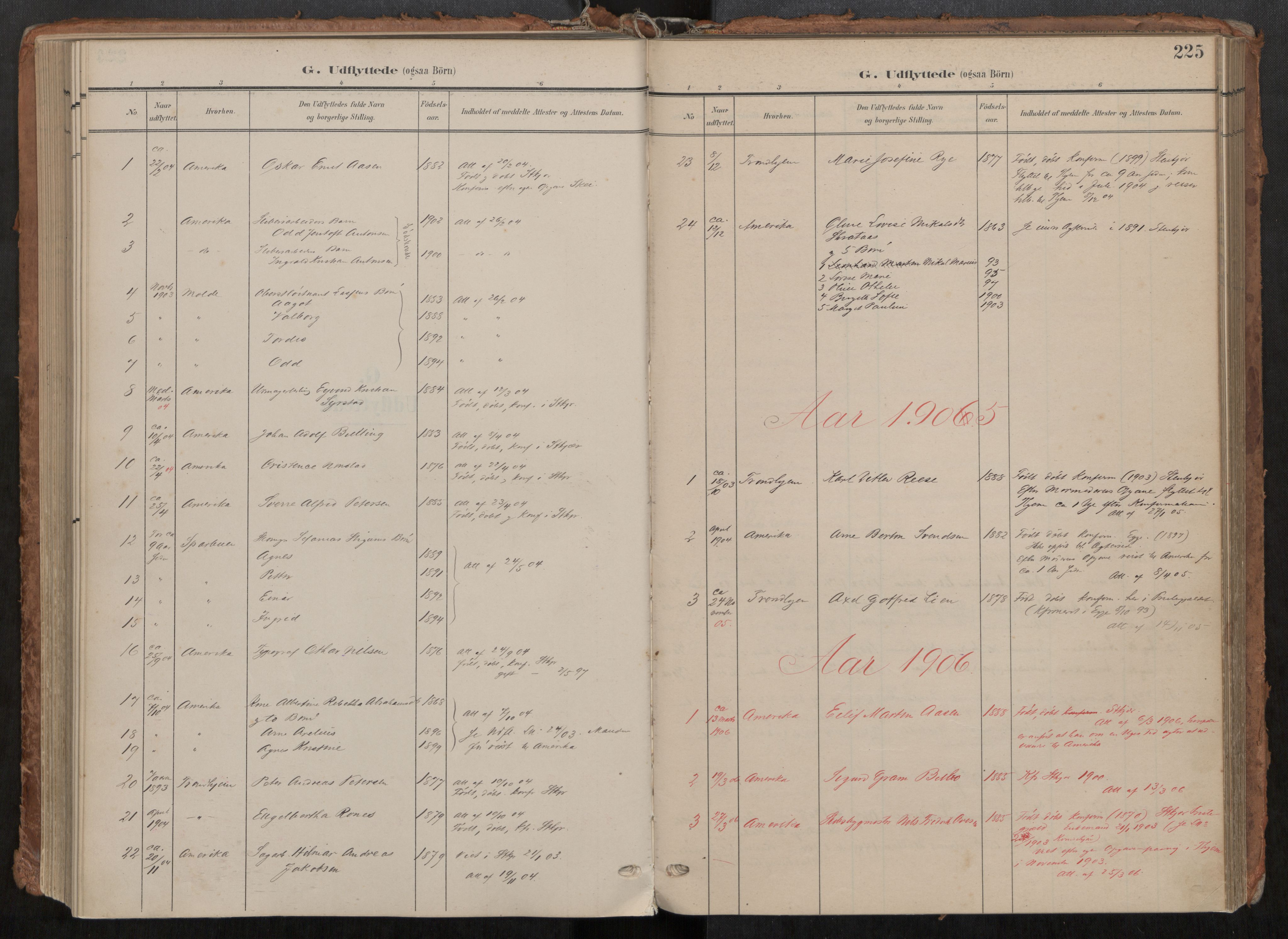 Steinkjer sokneprestkontor, SAT/A-1541/01/H/Ha/Haa/L0001: Parish register (official) no. 1, 1904-1912, p. 225