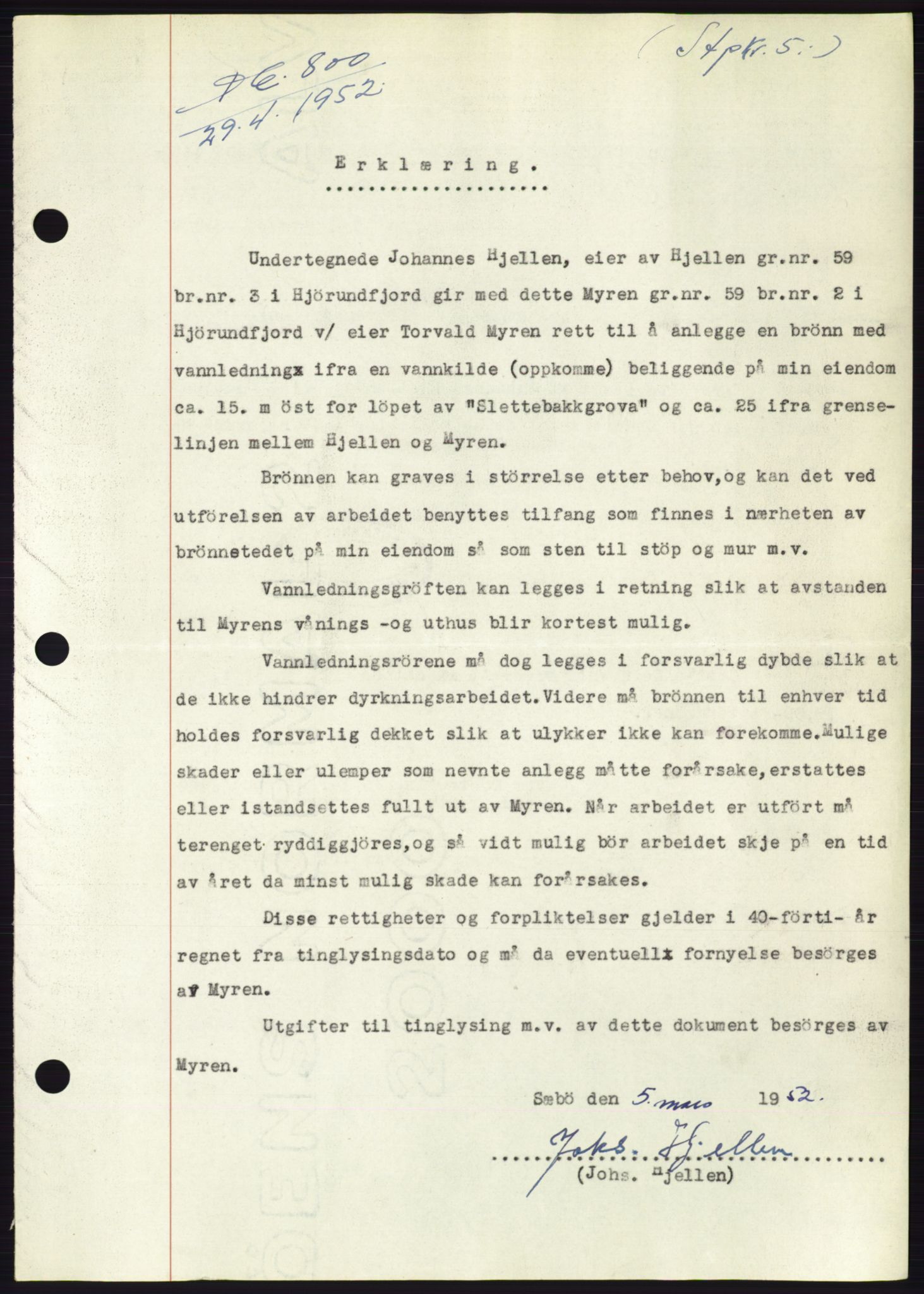 Søre Sunnmøre sorenskriveri, AV/SAT-A-4122/1/2/2C/L0121: Mortgage book no. 9B, 1951-1952, Diary no: : 800/1952