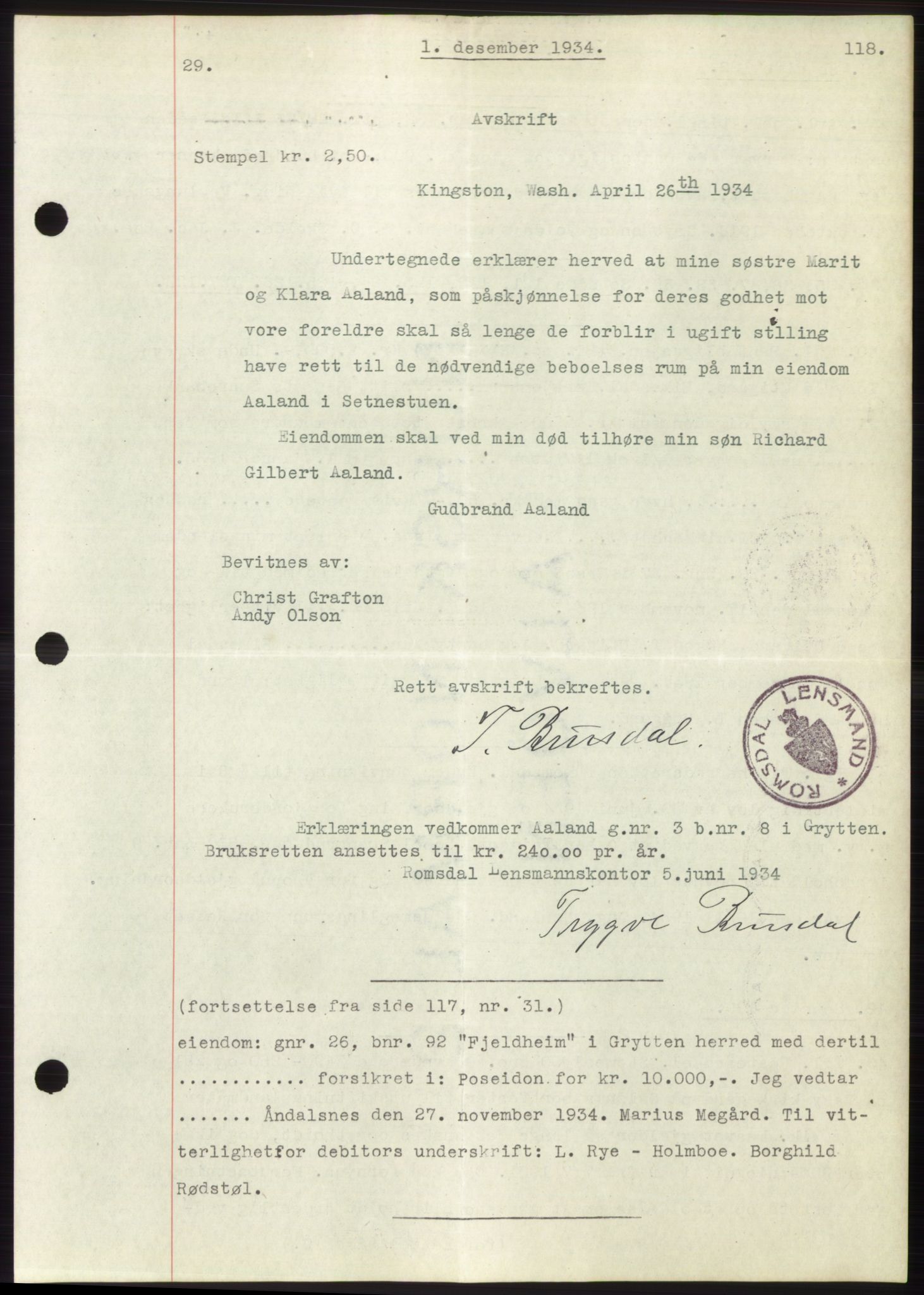 Romsdal sorenskriveri, AV/SAT-A-4149/1/2/2C/L0066: Mortgage book no. 60, 1934-1935, Deed date: 01.12.1934