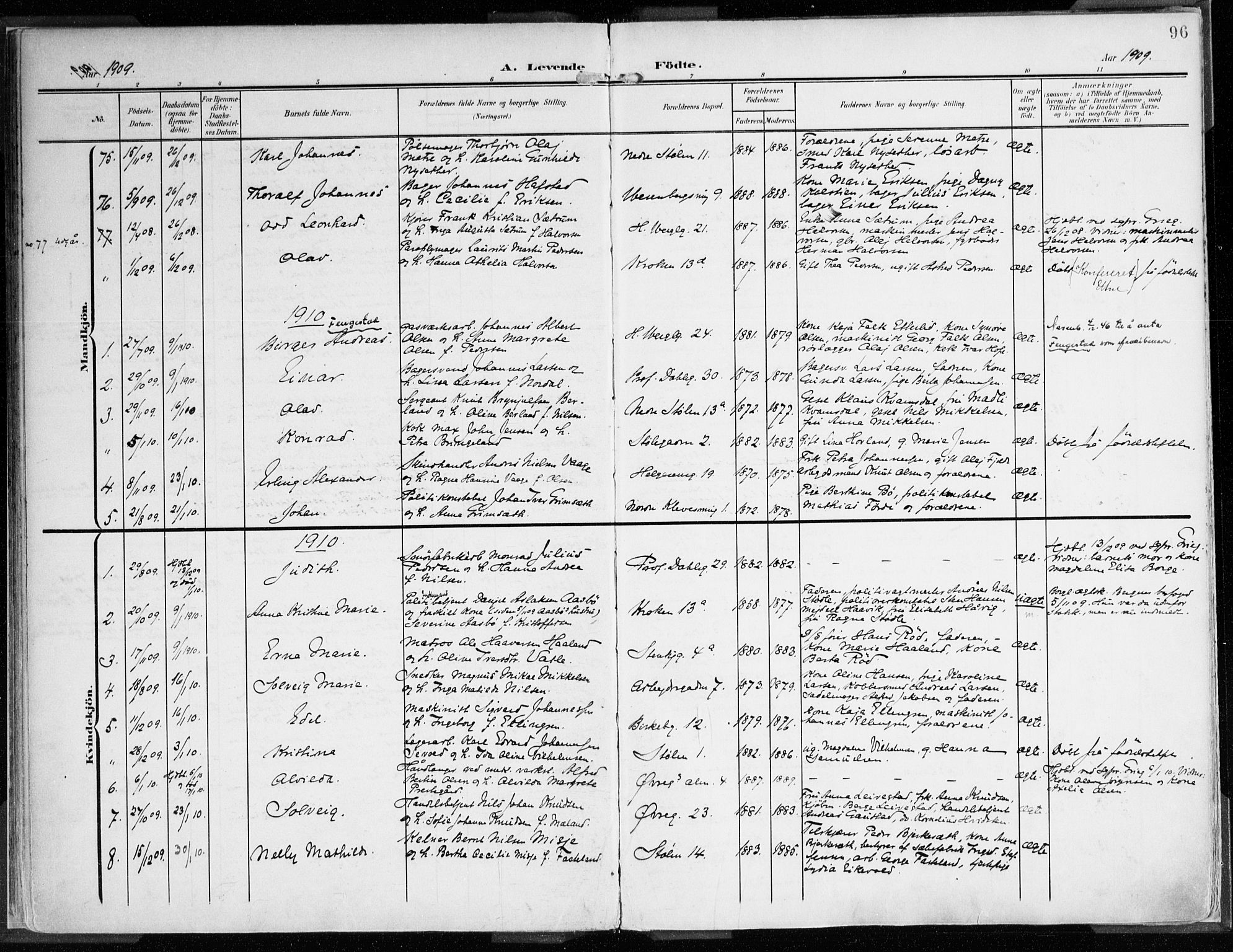 Mariakirken Sokneprestembete, SAB/A-76901/H/Haa/L0010: Parish register (official) no. B 1, 1901-1915, p. 96