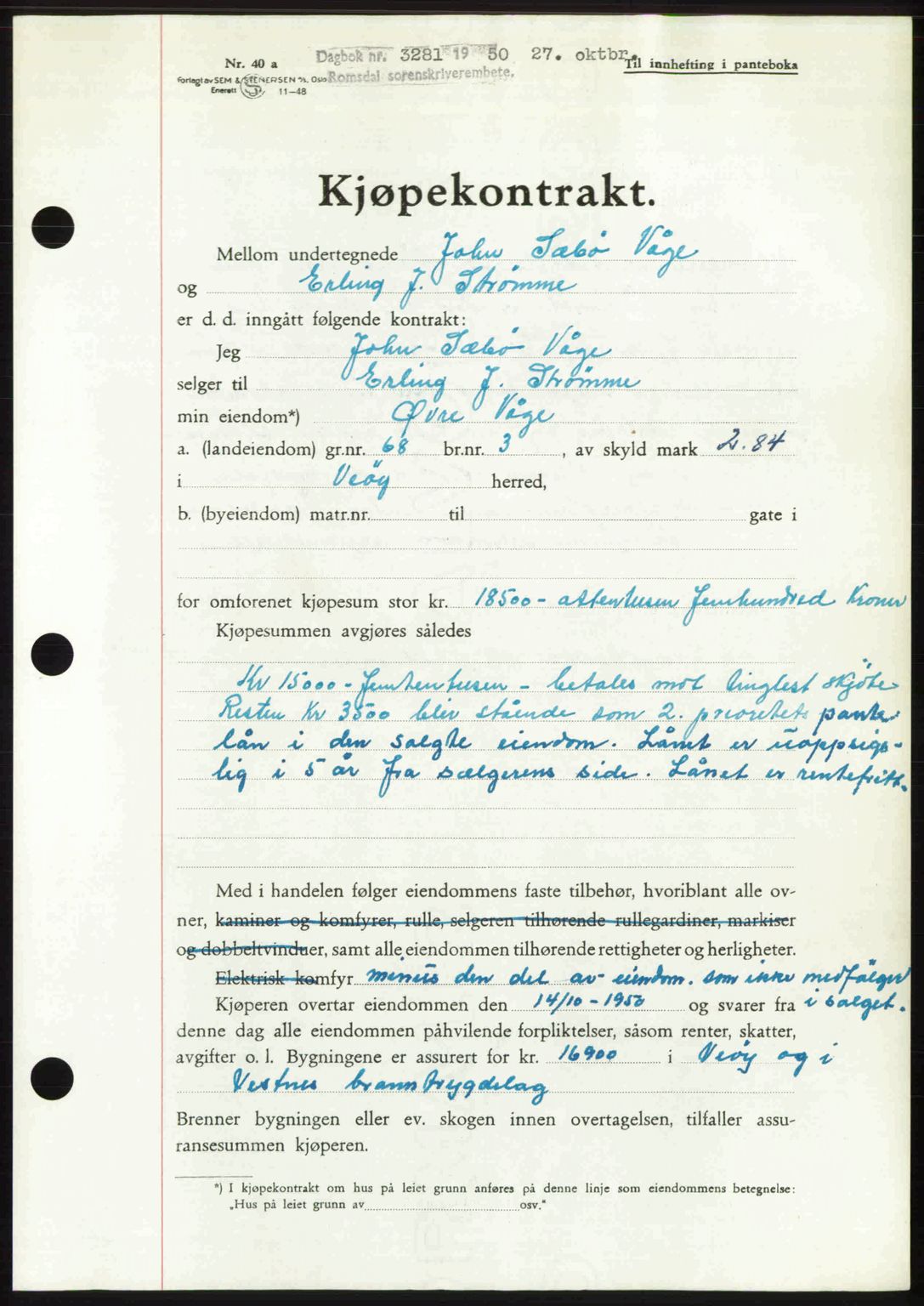 Romsdal sorenskriveri, AV/SAT-A-4149/1/2/2C: Mortgage book no. A34, 1950-1950, Diary no: : 3281/1950