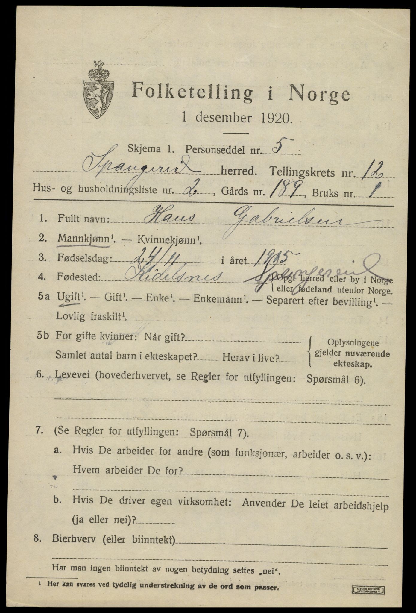 SAK, 1920 census for Spangereid, 1920, p. 3819