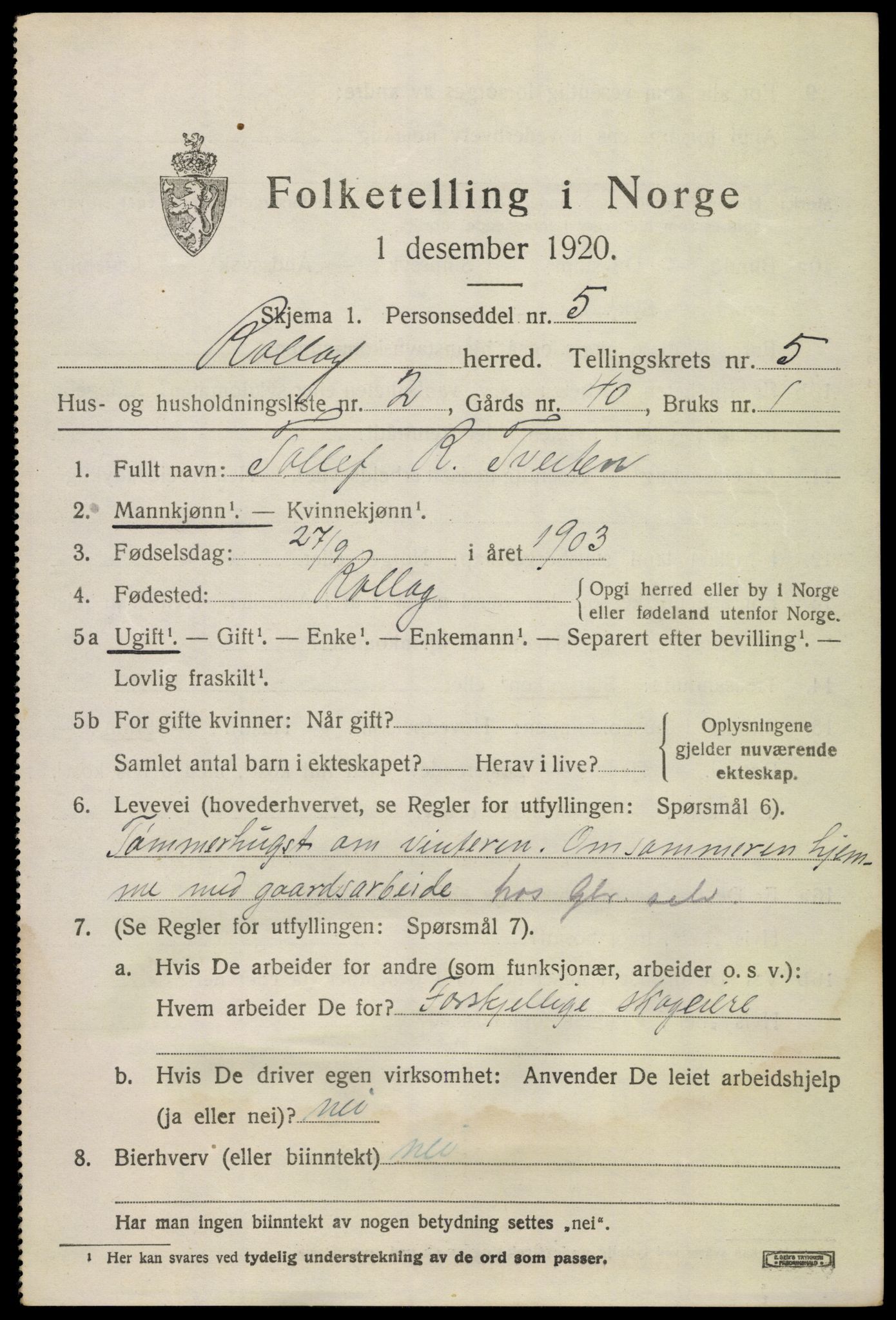 SAKO, 1920 census for Rollag, 1920, p. 2072