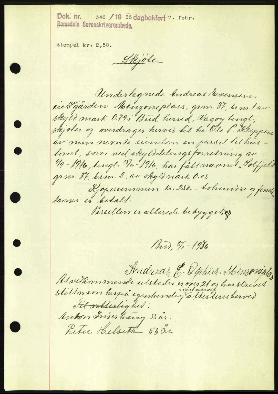 Romsdal sorenskriveri, AV/SAT-A-4149/1/2/2C: Mortgage book no. A1, 1936-1936, Diary no: : 346/1936