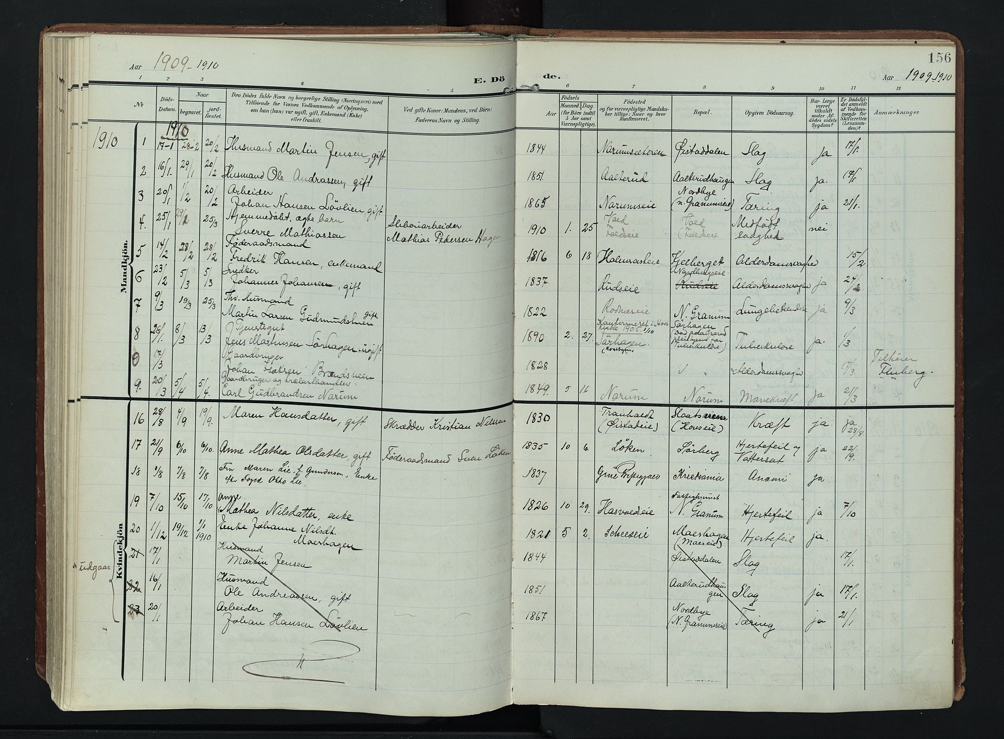 Søndre Land prestekontor, SAH/PREST-122/K/L0007: Parish register (official) no. 7, 1905-1914, p. 156