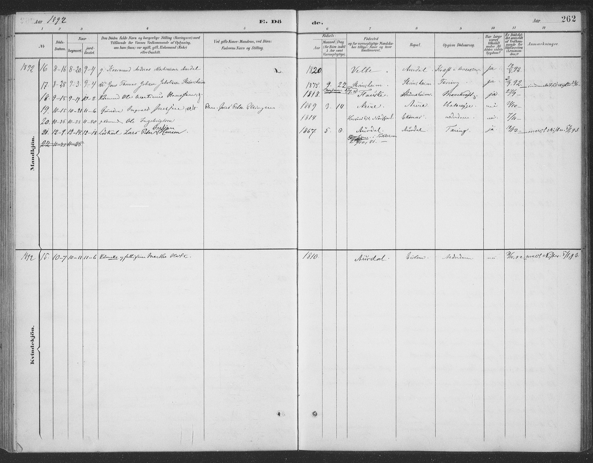 Ministerialprotokoller, klokkerbøker og fødselsregistre - Møre og Romsdal, AV/SAT-A-1454/523/L0335: Parish register (official) no. 523A02, 1891-1911, p. 262