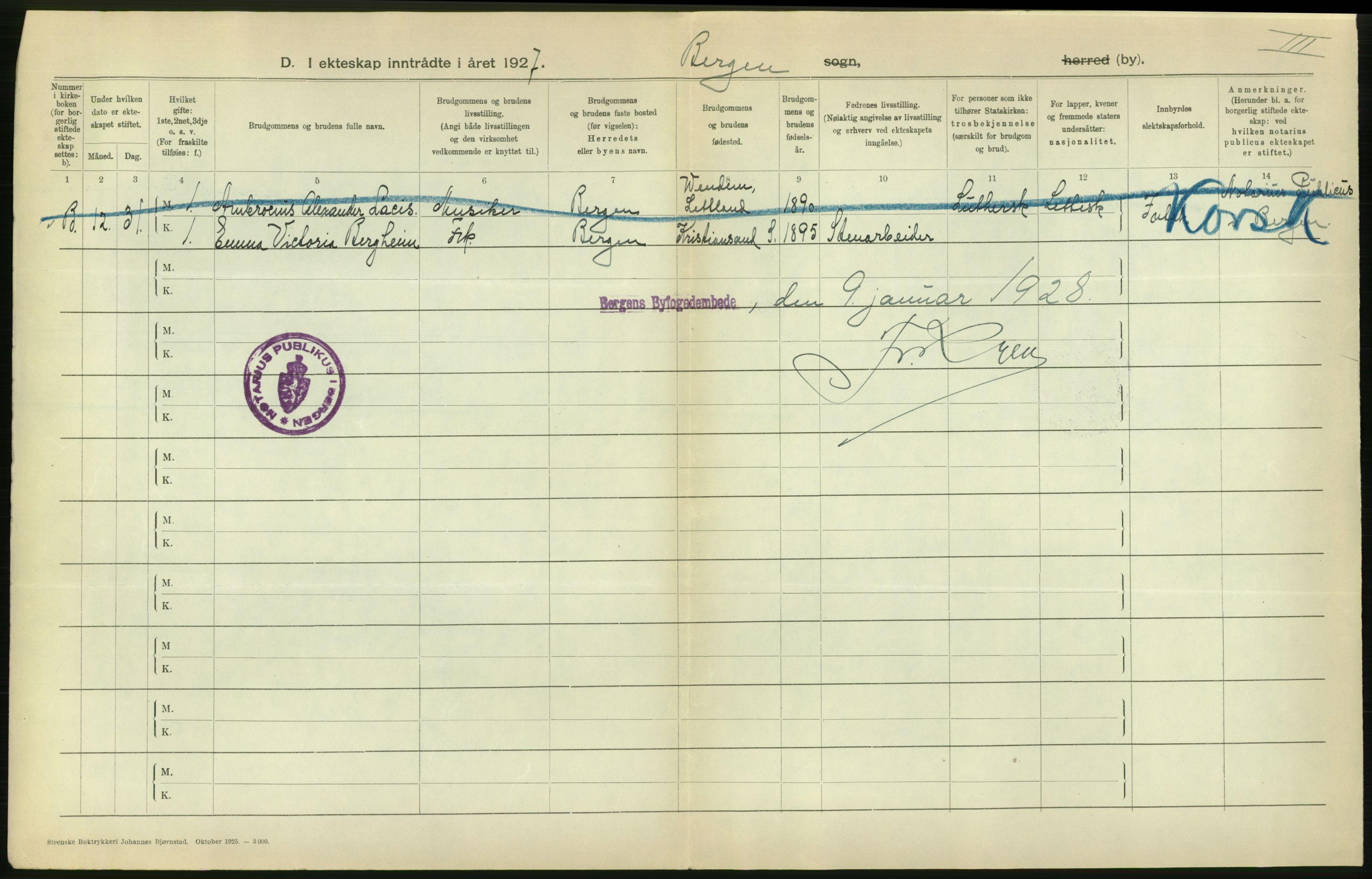 Statistisk sentralbyrå, Sosiodemografiske emner, Befolkning, RA/S-2228/D/Df/Dfc/Dfcg/L0028: Bergen: Gifte, døde., 1927, p. 308