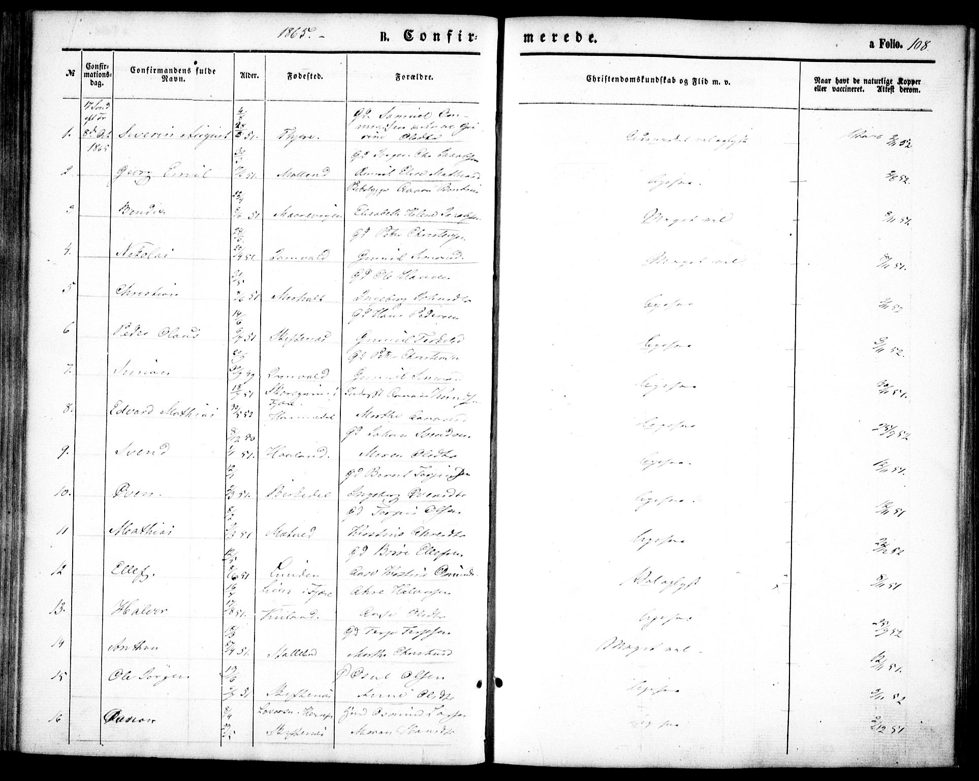 Hommedal sokneprestkontor, AV/SAK-1111-0023/F/Fa/Fab/L0005: Parish register (official) no. A 5, 1861-1877, p. 108