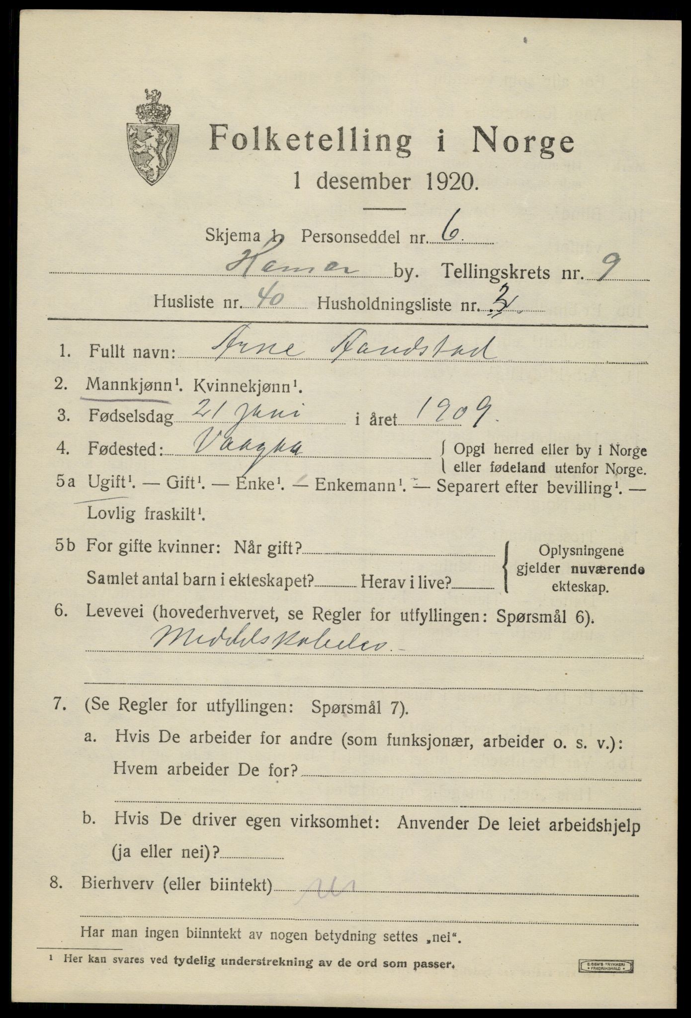 SAH, 1920 census for Hamar, 1920, p. 16921