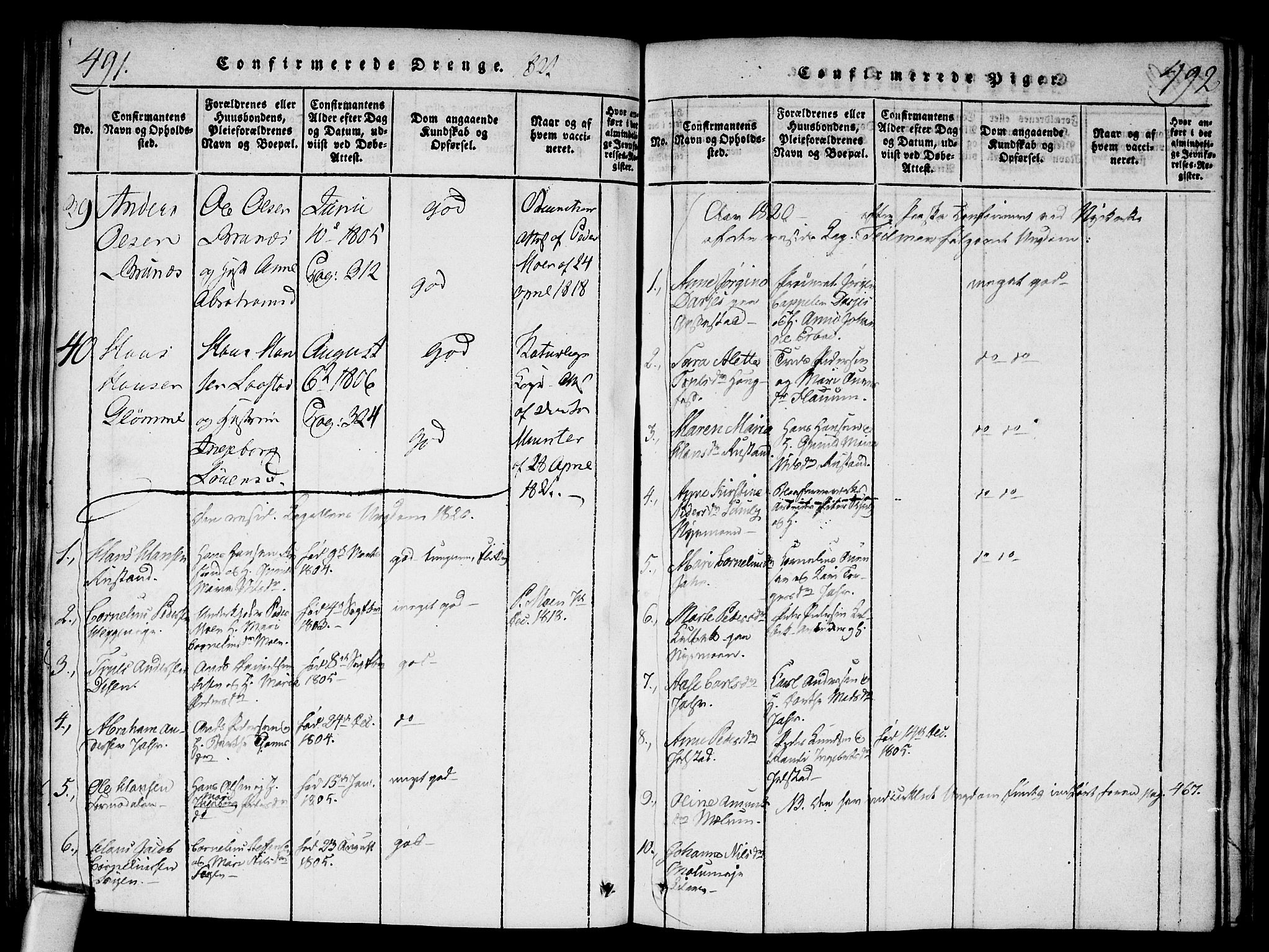 Modum kirkebøker, AV/SAKO-A-234/F/Fa/L0004: Parish register (official) no. 4, 1818-1824, p. 491-492