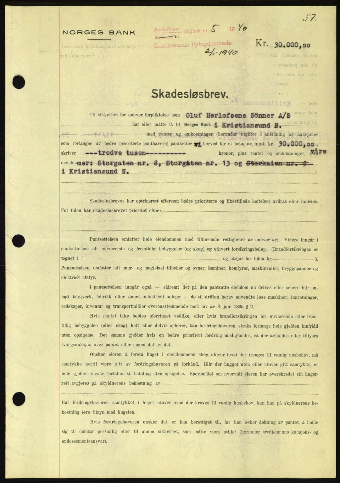 Kristiansund byfogd, AV/SAT-A-4587/A/27: Mortgage book no. 33, 1939-1941, Diary no: : 5/1940