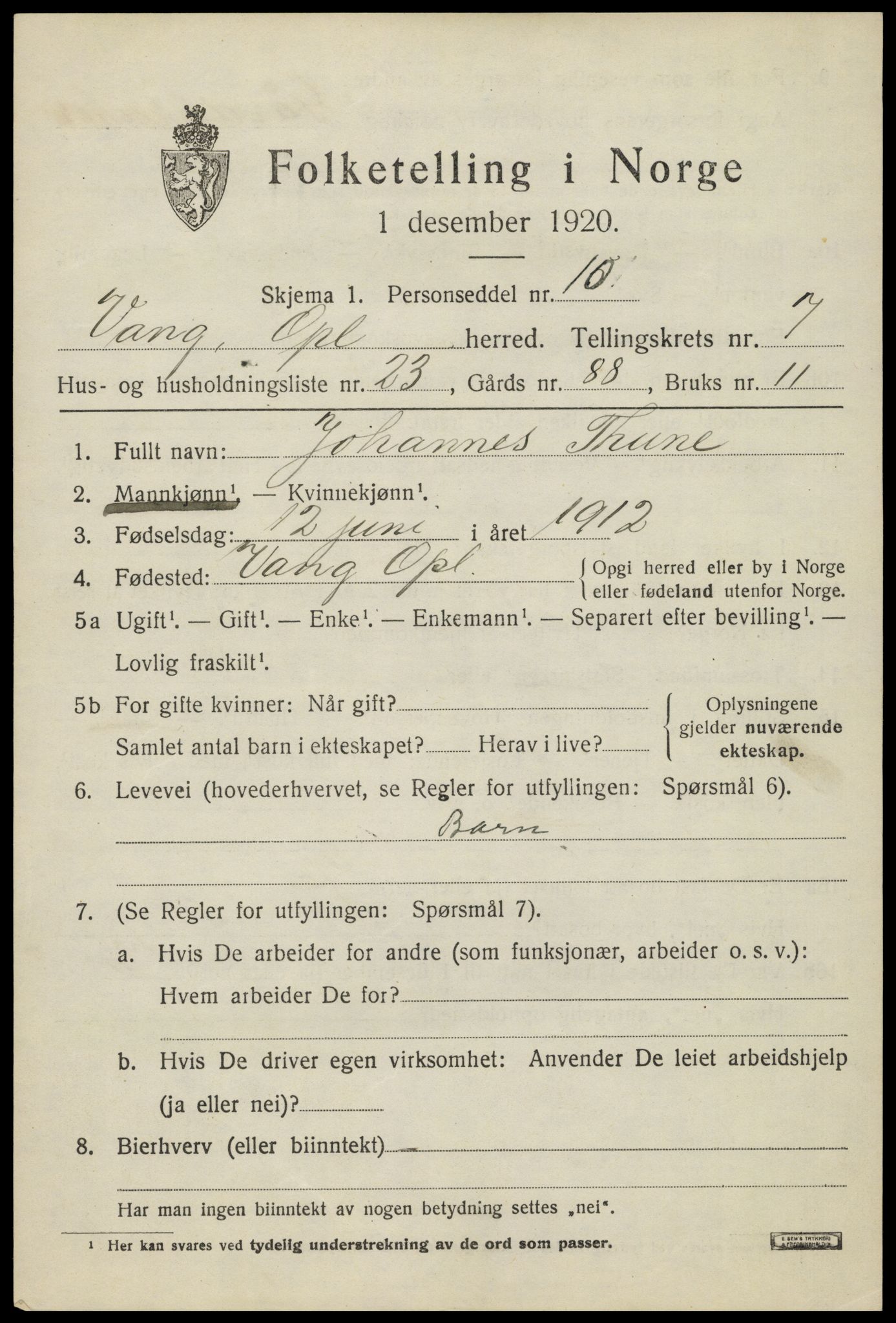 SAH, 1920 census for Vang (Oppland), 1920, p. 3383