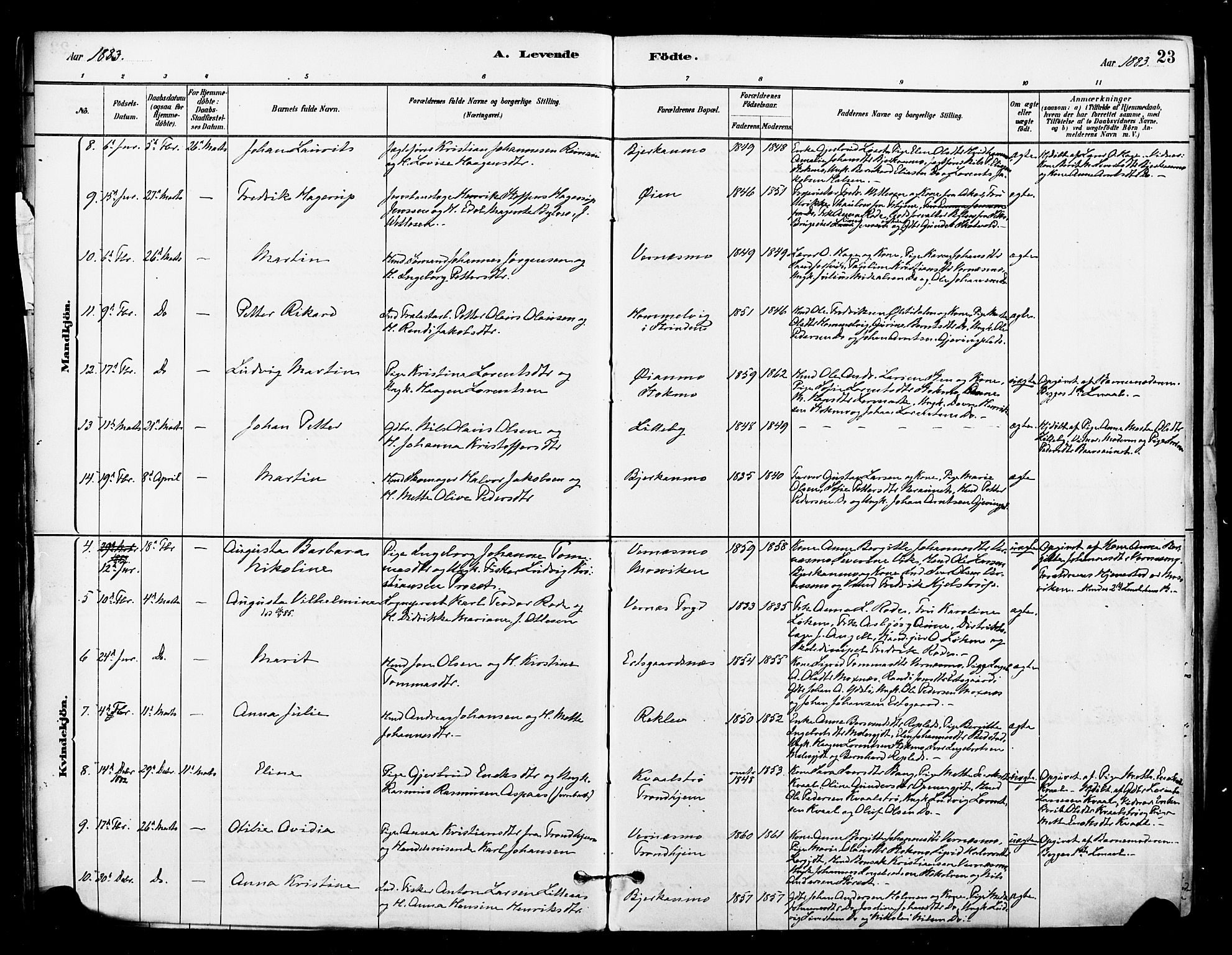 Ministerialprotokoller, klokkerbøker og fødselsregistre - Nord-Trøndelag, AV/SAT-A-1458/709/L0077: Parish register (official) no. 709A17, 1880-1895, p. 23