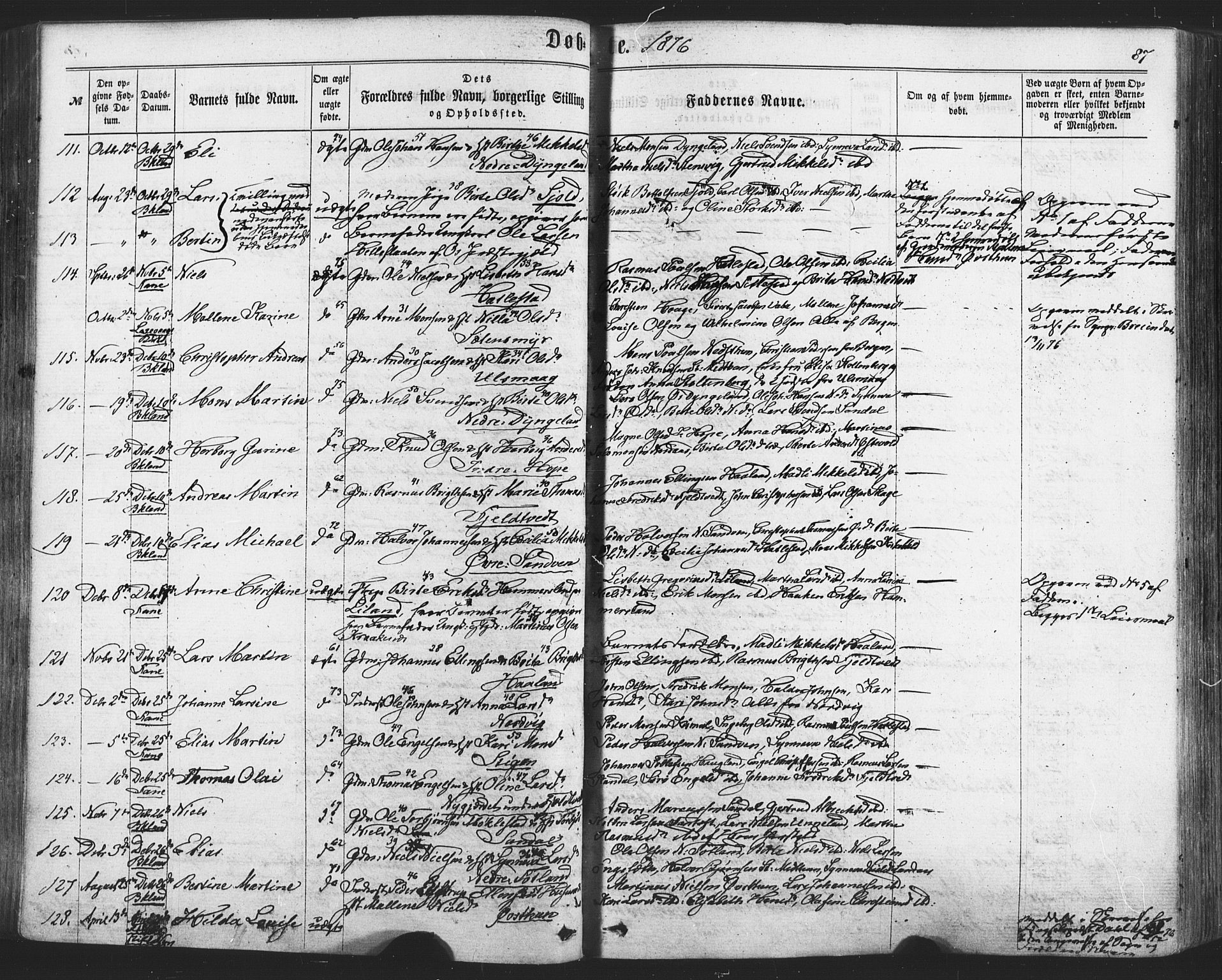 Fana Sokneprestembete, AV/SAB-A-75101/H/Haa/Haaa/L0012: Parish register (official) no. A 12, 1862-1878, p. 87