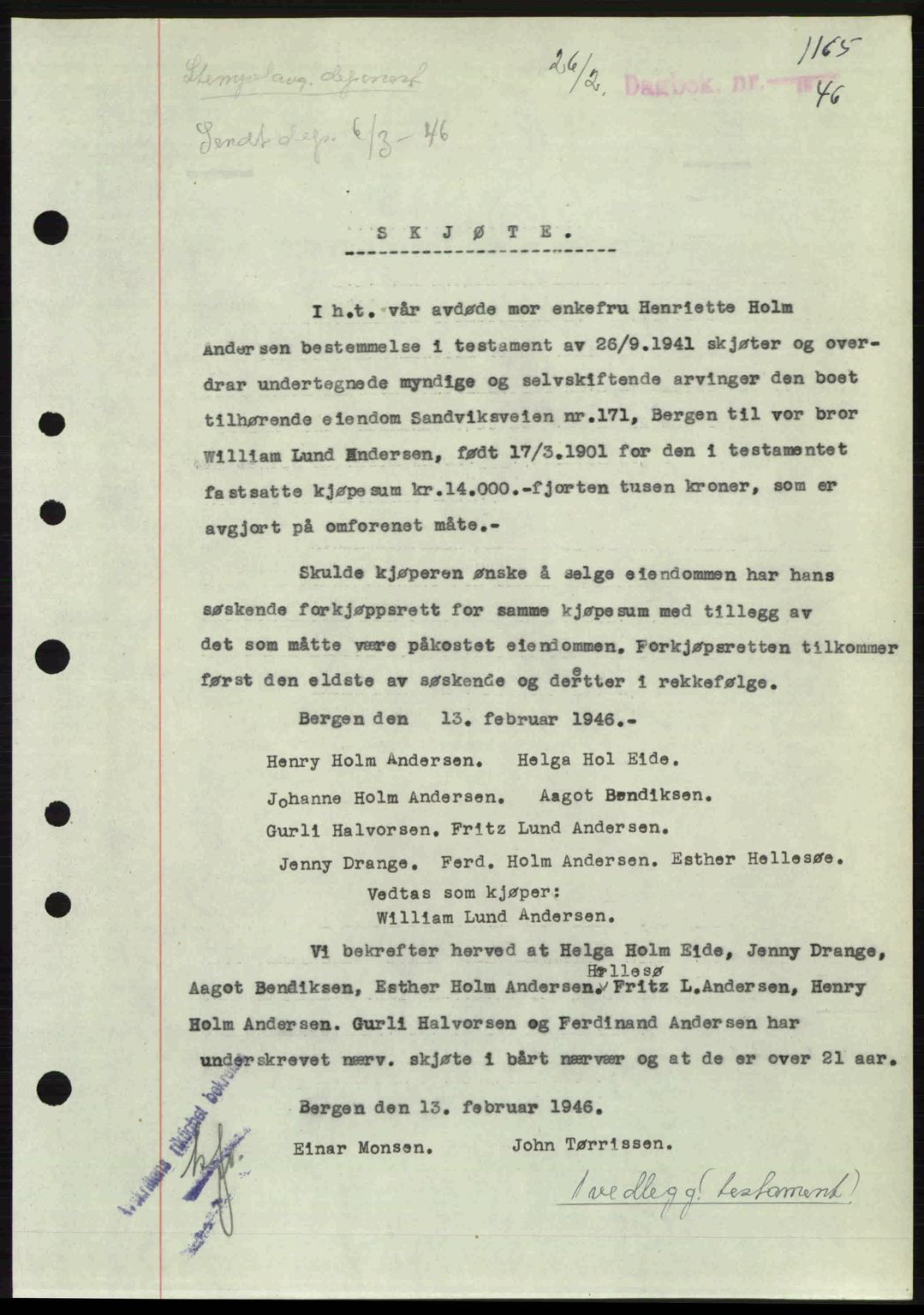 Byfogd og Byskriver i Bergen, SAB/A-3401/03/03Bc/L0022: Mortgage book no. A18, 1946-1946, Diary no: : 1165/1946