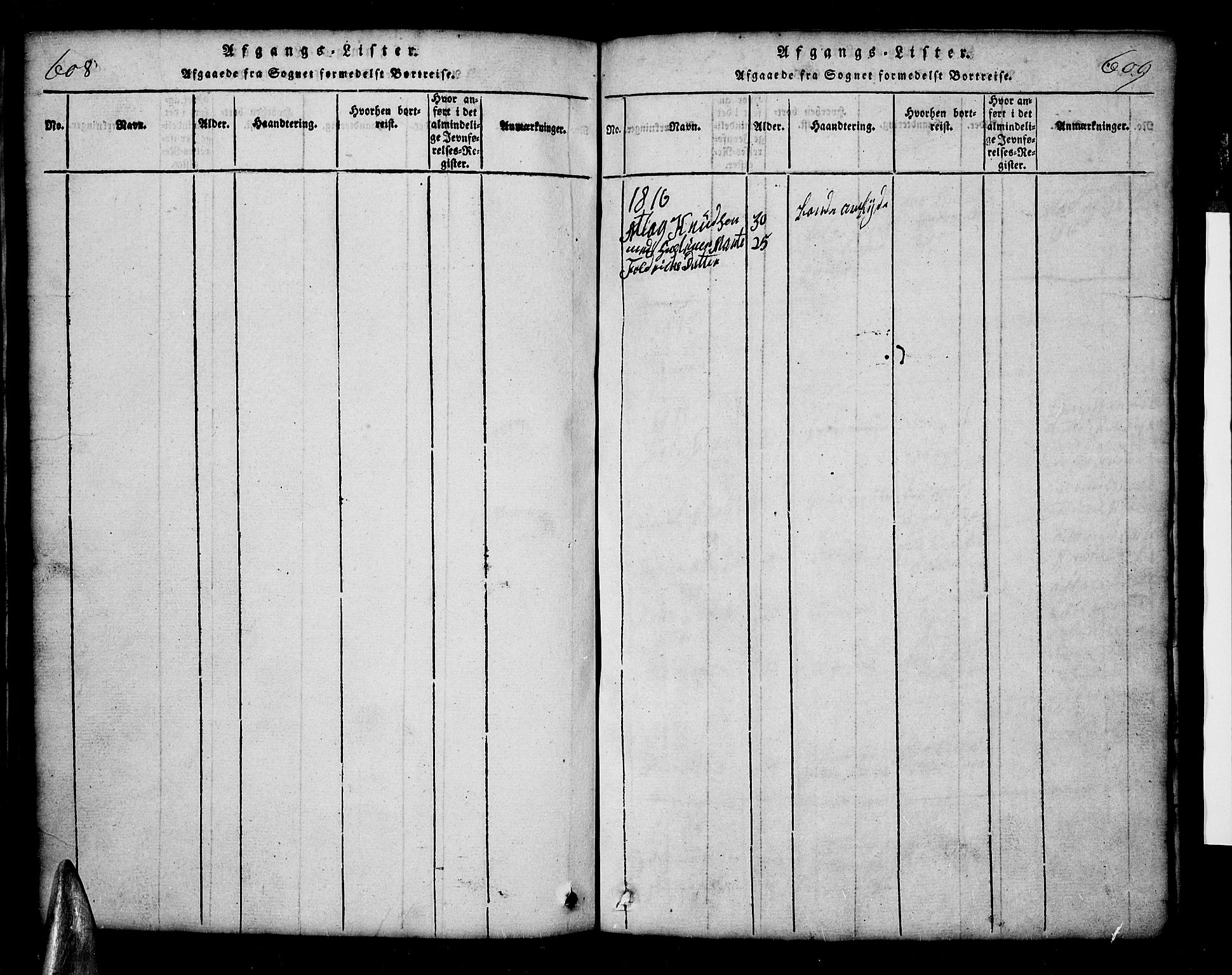 Sirdal sokneprestkontor, SAK/1111-0036/F/Fb/Fbb/L0001: Parish register (copy) no. B 1, 1815-1834, p. 608-609