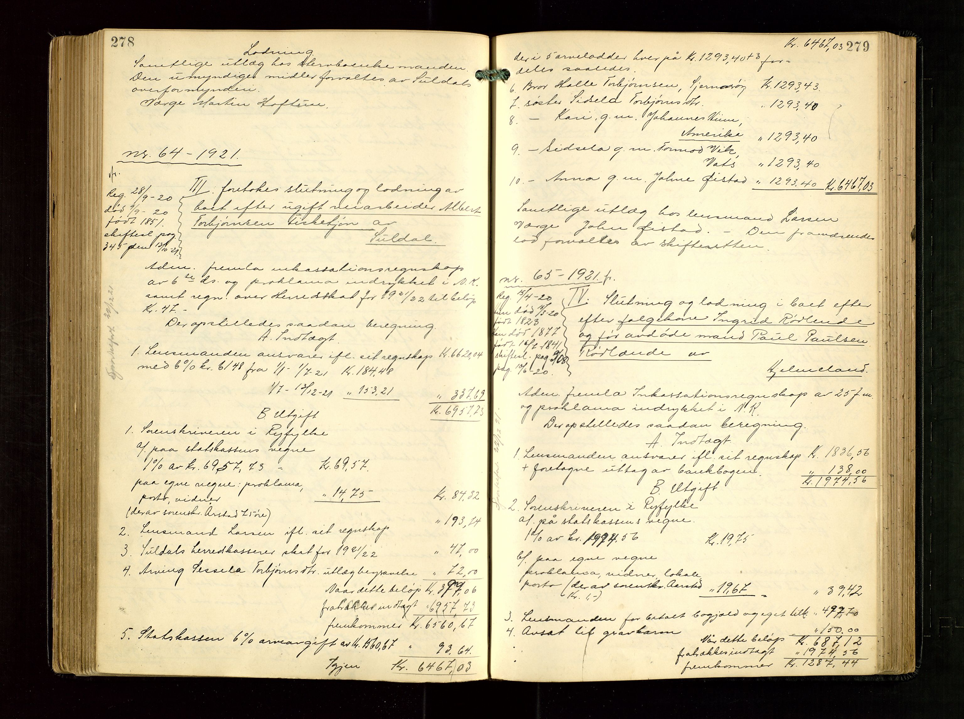 Ryfylke tingrett, AV/SAST-A-100055/001/IV/IVG/L0005: Skifteudlodningsprotokoll Med register, 1918-1924, p. 278-279