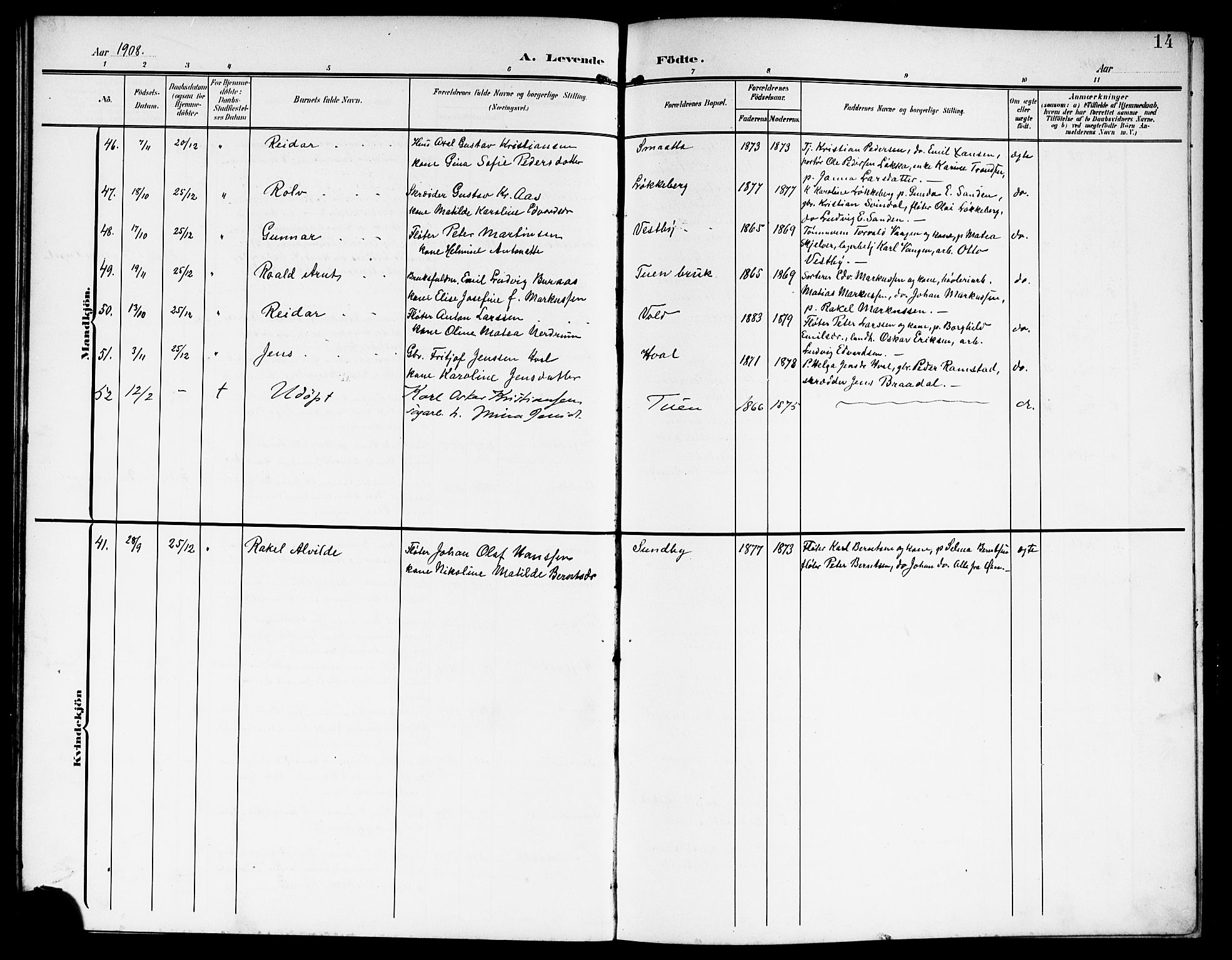 Fet prestekontor Kirkebøker, AV/SAO-A-10370a/G/Ga/L0008: Parish register (copy) no. I 8, 1907-1920, p. 14