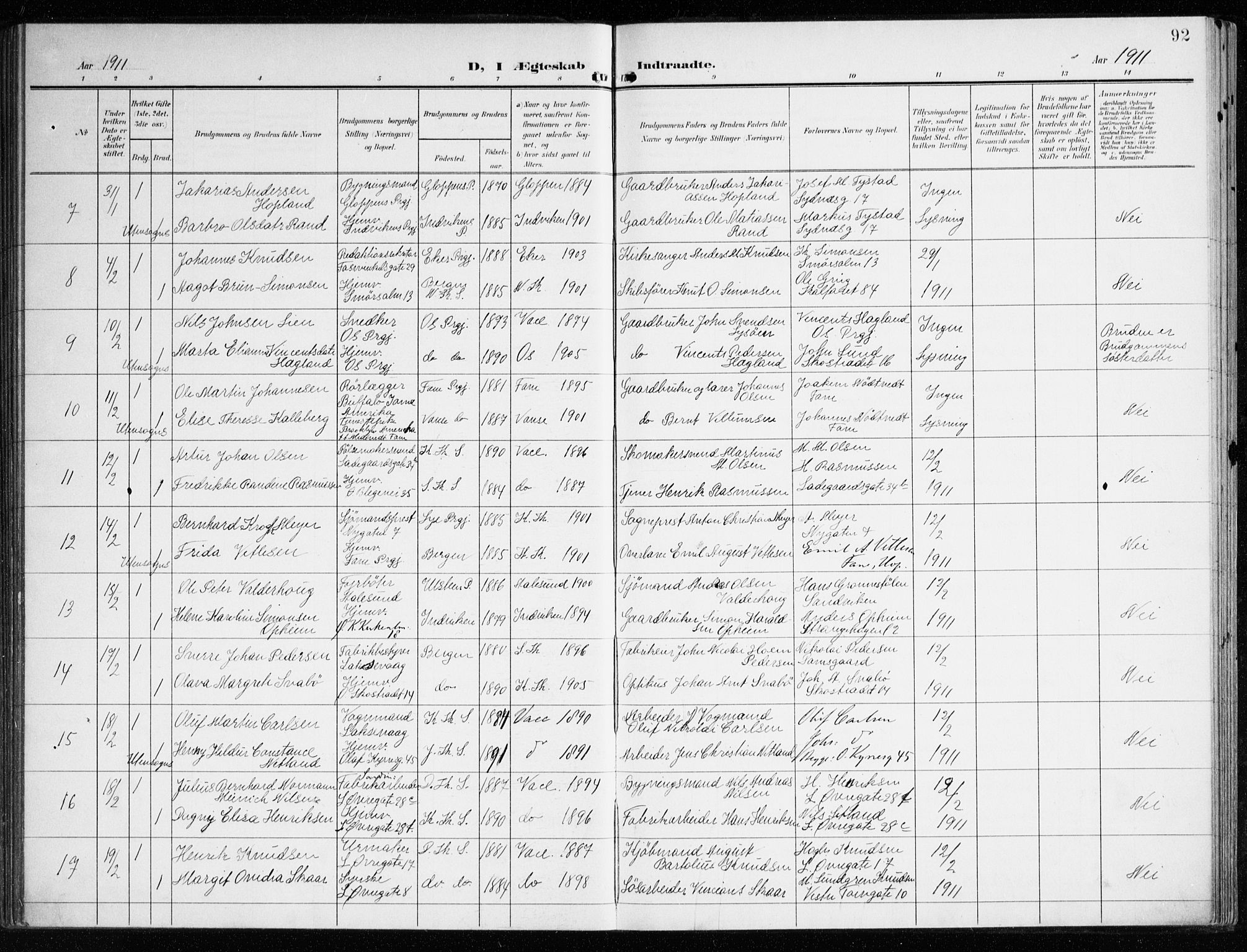 Korskirken sokneprestembete, AV/SAB-A-76101/H/Haa/L0038: Parish register (official) no. D 5, 1904-1919, p. 92