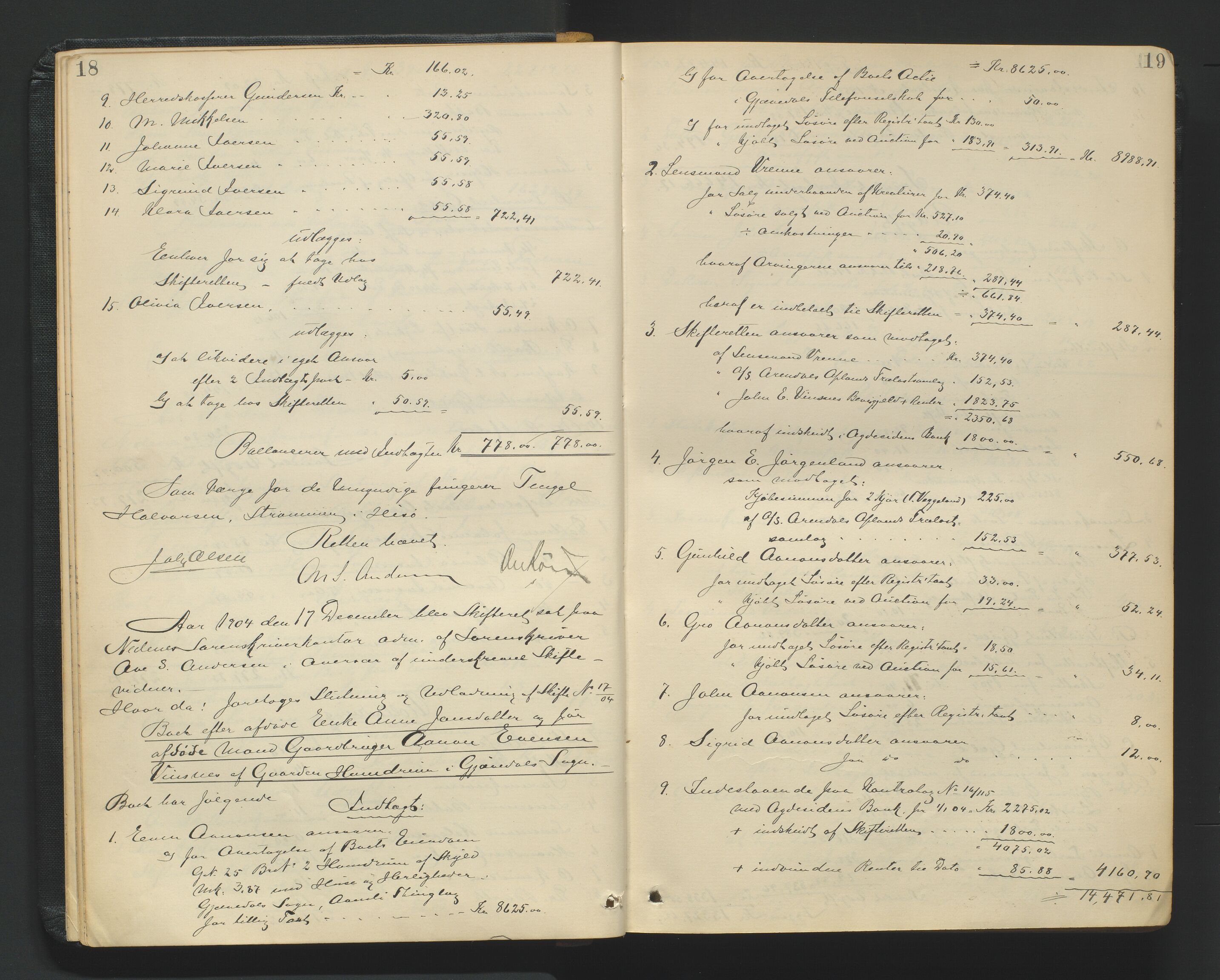 Nedenes sorenskriveri, AV/SAK-1221-0006/H/Hc/L0020: Skifteutlodningsprotokoll nr 6 med register, 1904-1913, p. 18-19