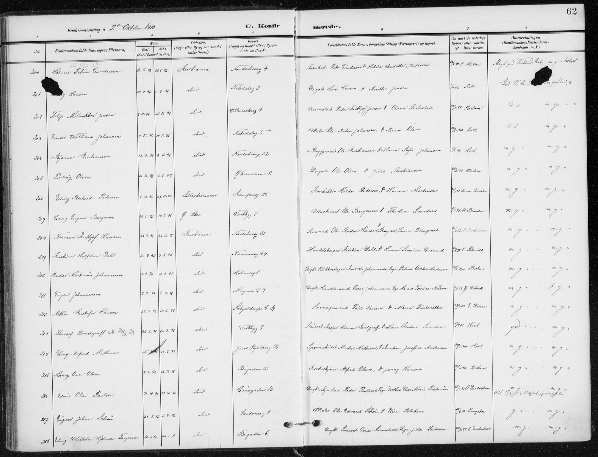 Kampen prestekontor Kirkebøker, SAO/A-10853/F/Fa/L0011: Parish register (official) no. I 11, 1907-1917, p. 62