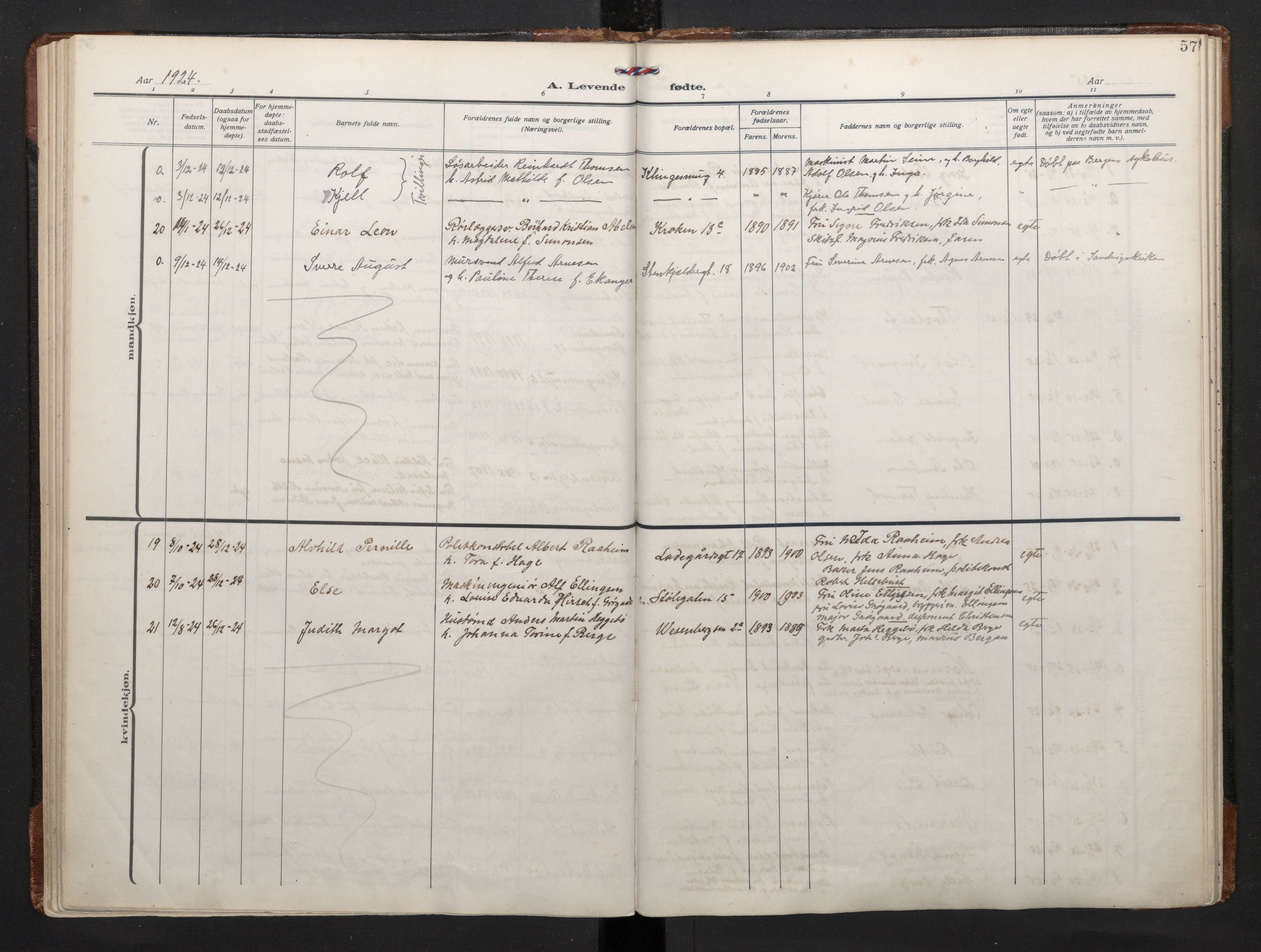 Mariakirken Sokneprestembete, AV/SAB-A-76901/H/Haa/L0011: Parish register (official) no. B 2, 1916-1934, p. 56b-57a