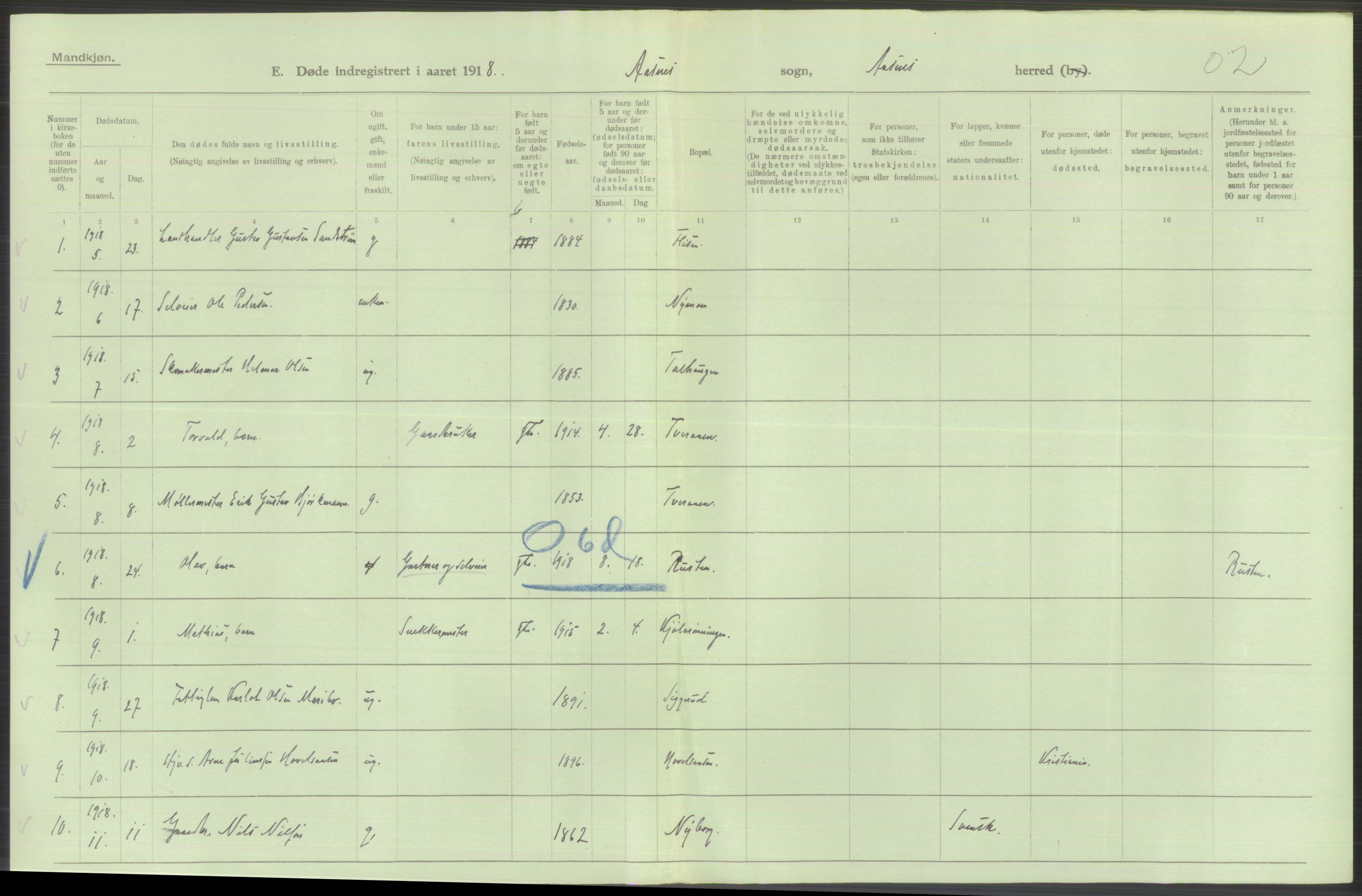 Statistisk sentralbyrå, Sosiodemografiske emner, Befolkning, RA/S-2228/D/Df/Dfb/Dfbh/L0014: Hedemarkens fylke: Døde. Bygder og byer., 1918, p. 446