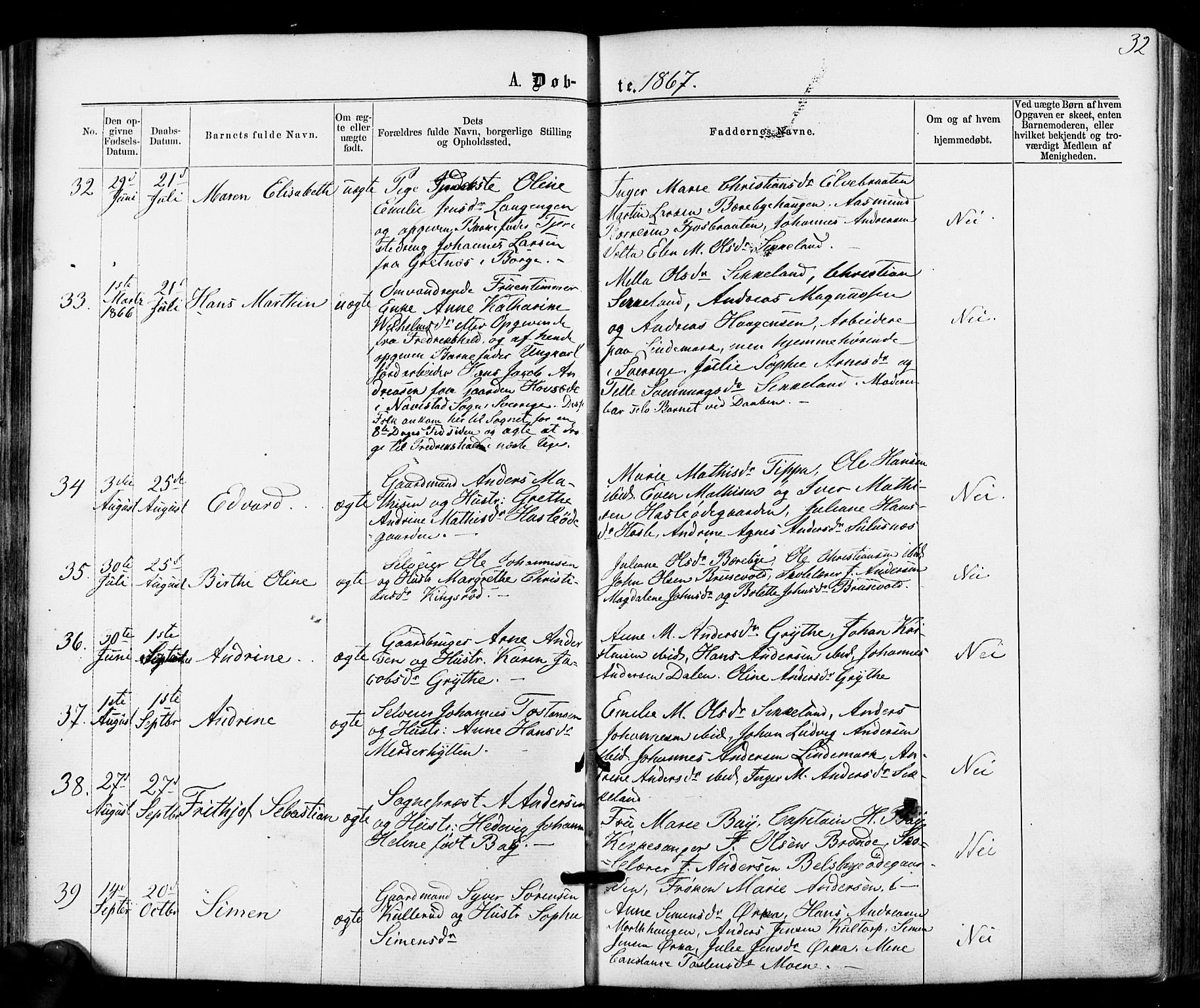 Varteig prestekontor Kirkebøker, SAO/A-10447a/F/Fa/L0001: Parish register (official) no. 1, 1861-1877, p. 32