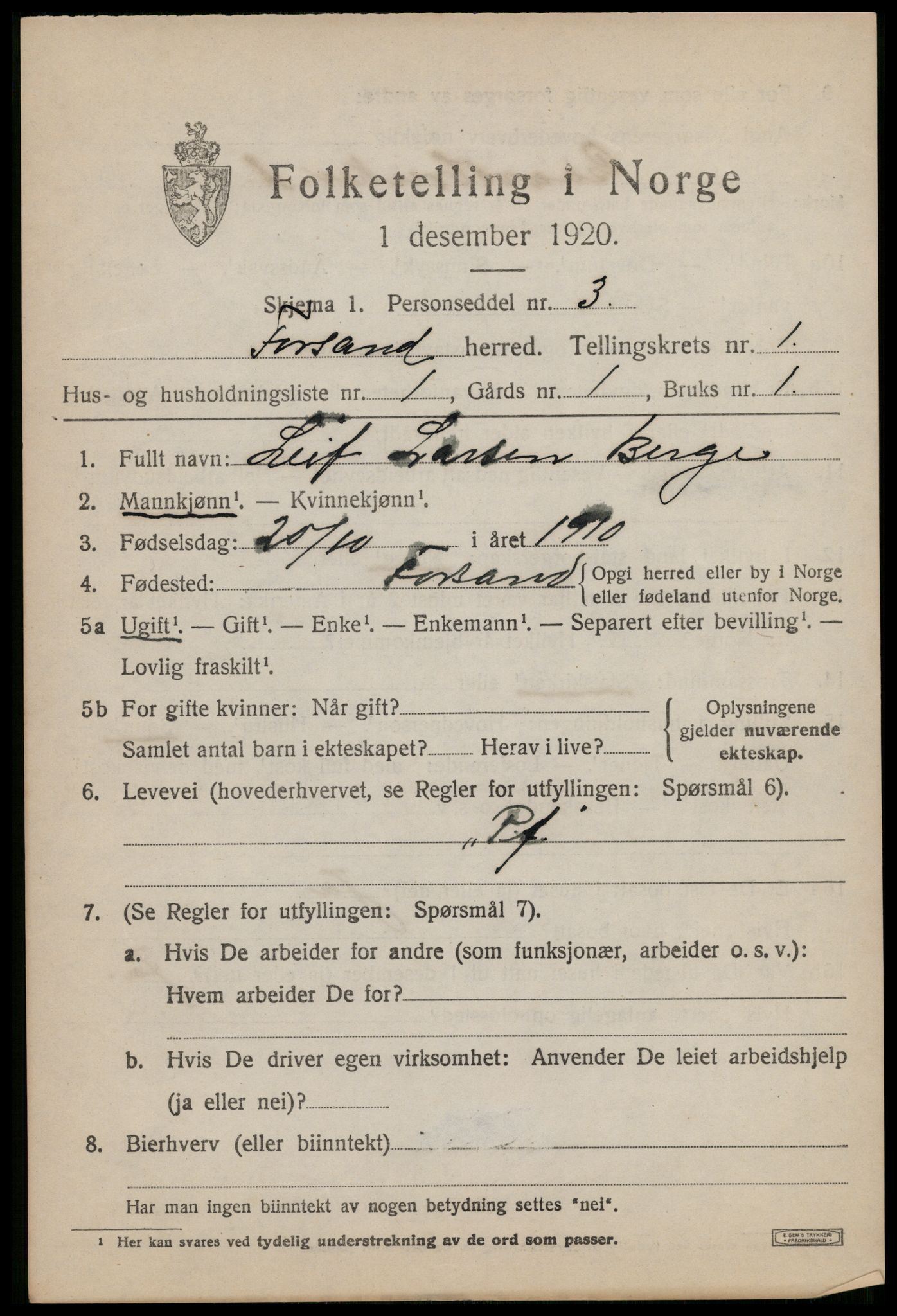 SAST, 1920 census for Forsand, 1920, p. 763