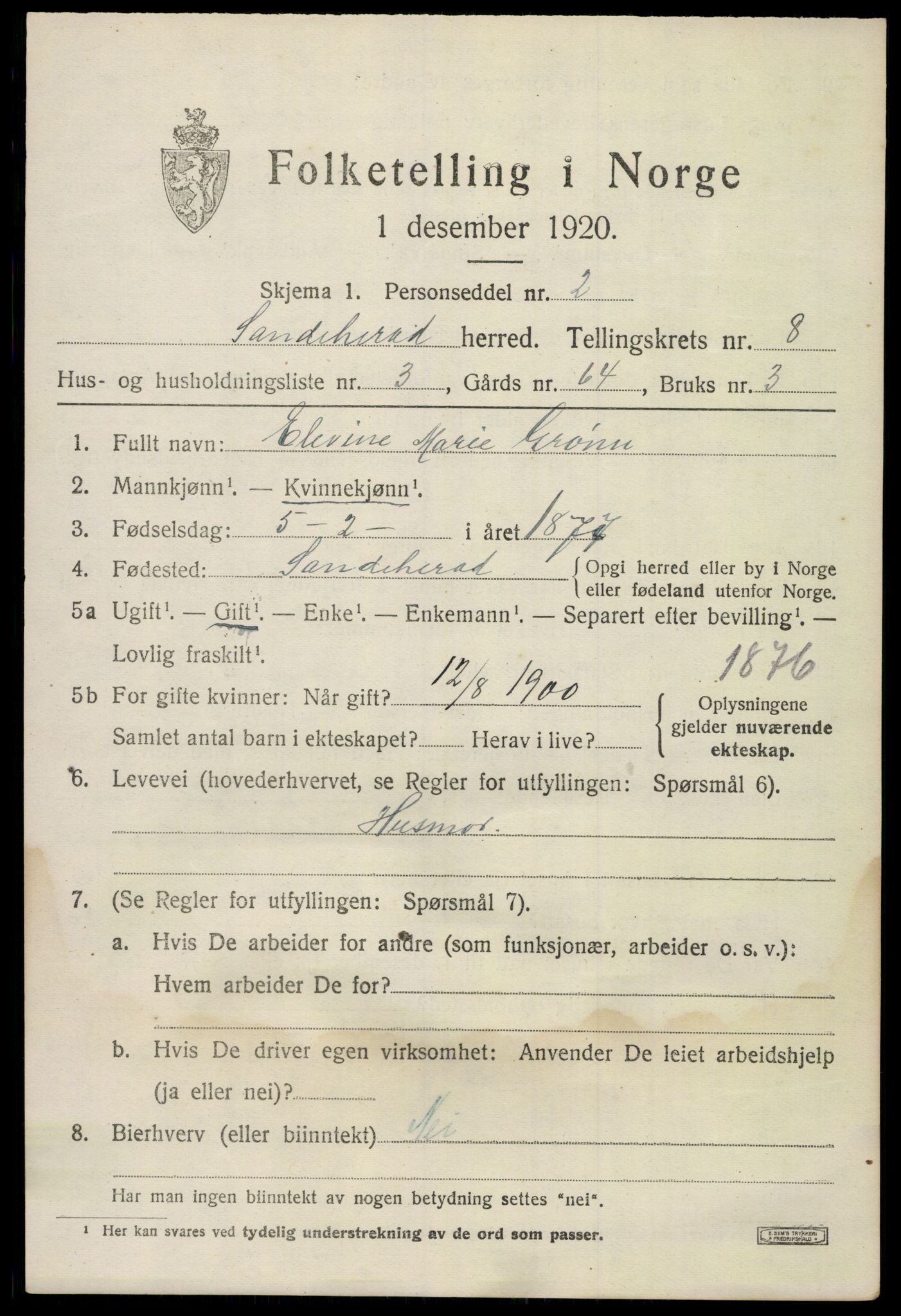 SAKO, 1920 census for Sandeherred, 1920, p. 12740
