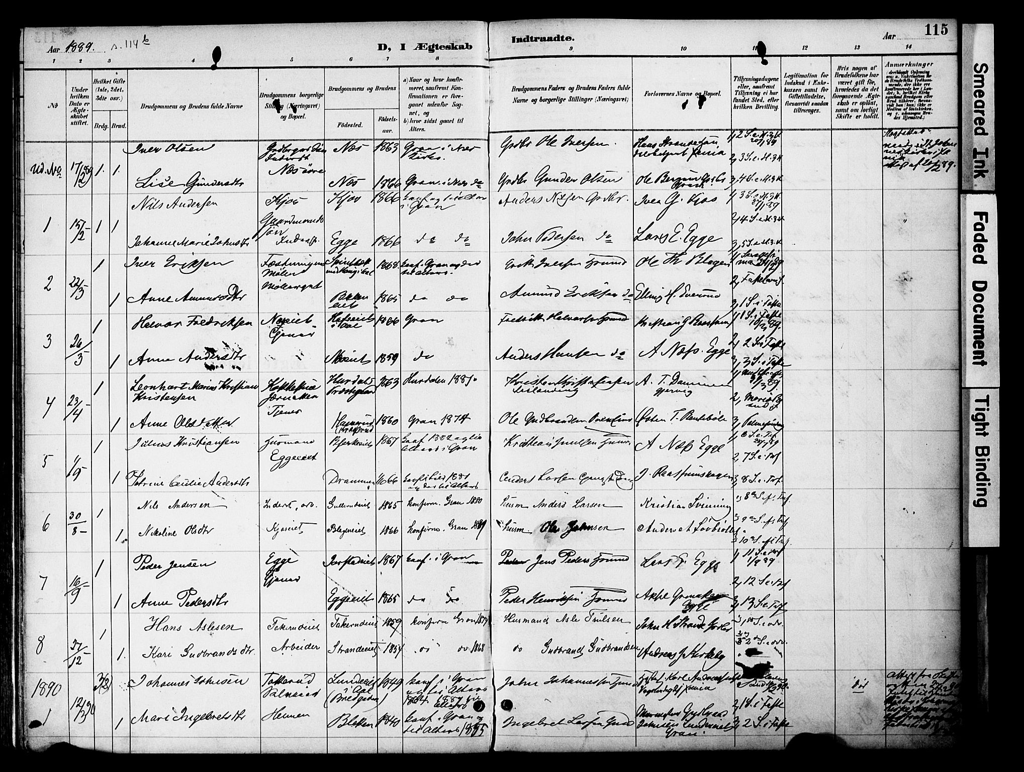 Gran prestekontor, SAH/PREST-112/H/Ha/Haa/L0020: Parish register (official) no. 20, 1889-1899, p. 115
