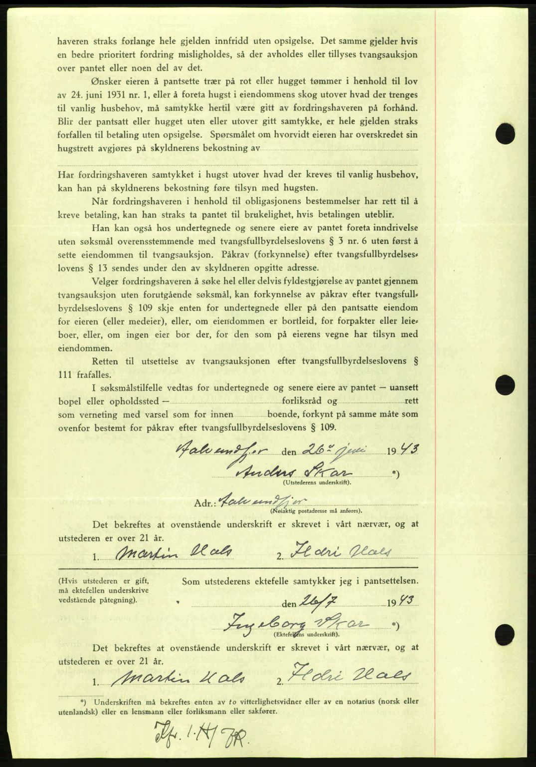 Nordmøre sorenskriveri, AV/SAT-A-4132/1/2/2Ca: Mortgage book no. B91, 1943-1944, Diary no: : 1702/1943