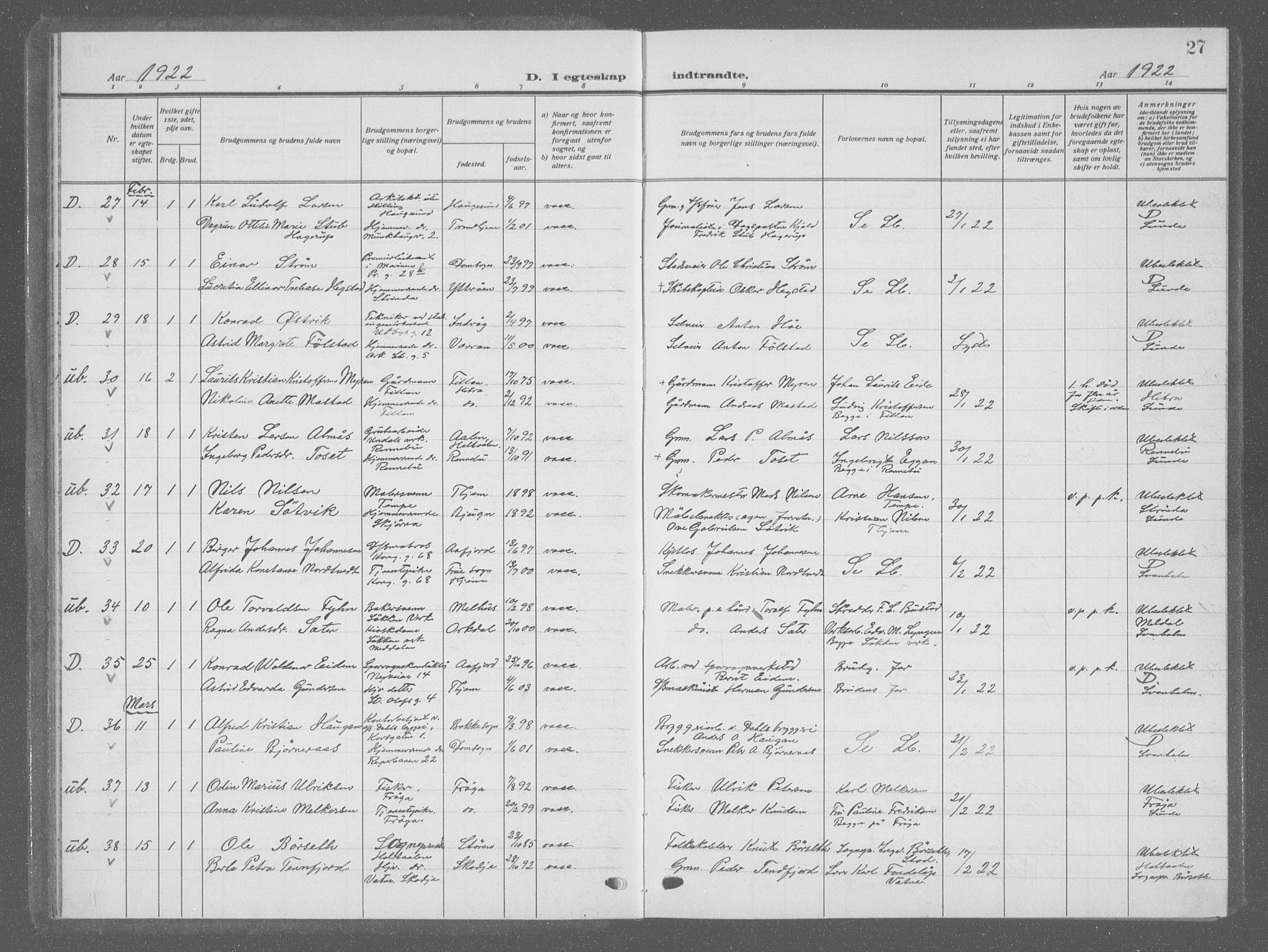 Ministerialprotokoller, klokkerbøker og fødselsregistre - Sør-Trøndelag, SAT/A-1456/601/L0098: Parish register (copy) no. 601C16, 1921-1934, p. 27