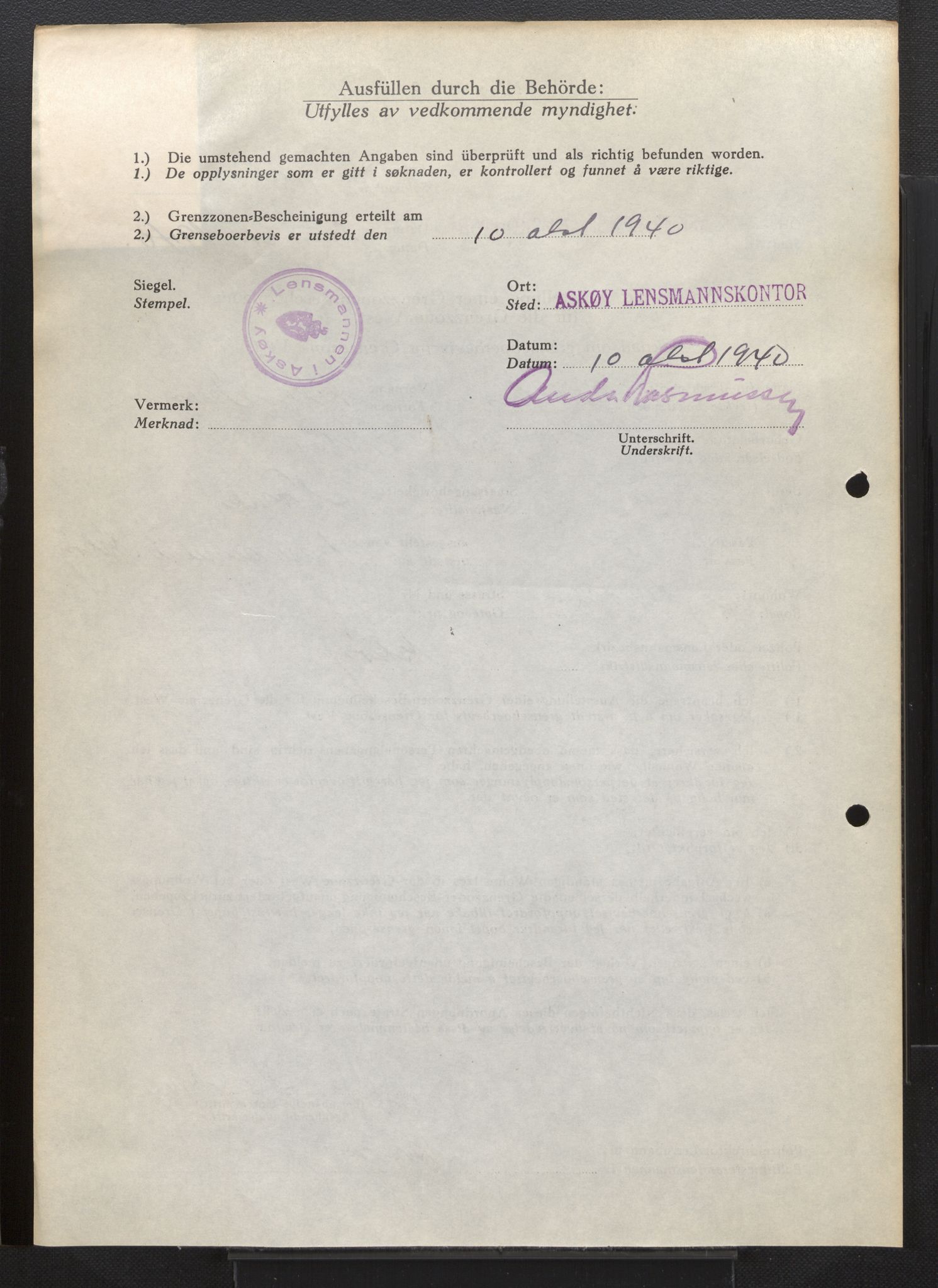 Lensmannen i Askøy, AV/SAB-A-31001/0026/L0005: Søknader om grensebuarbevis 851 - 1275, 1940, p. 586