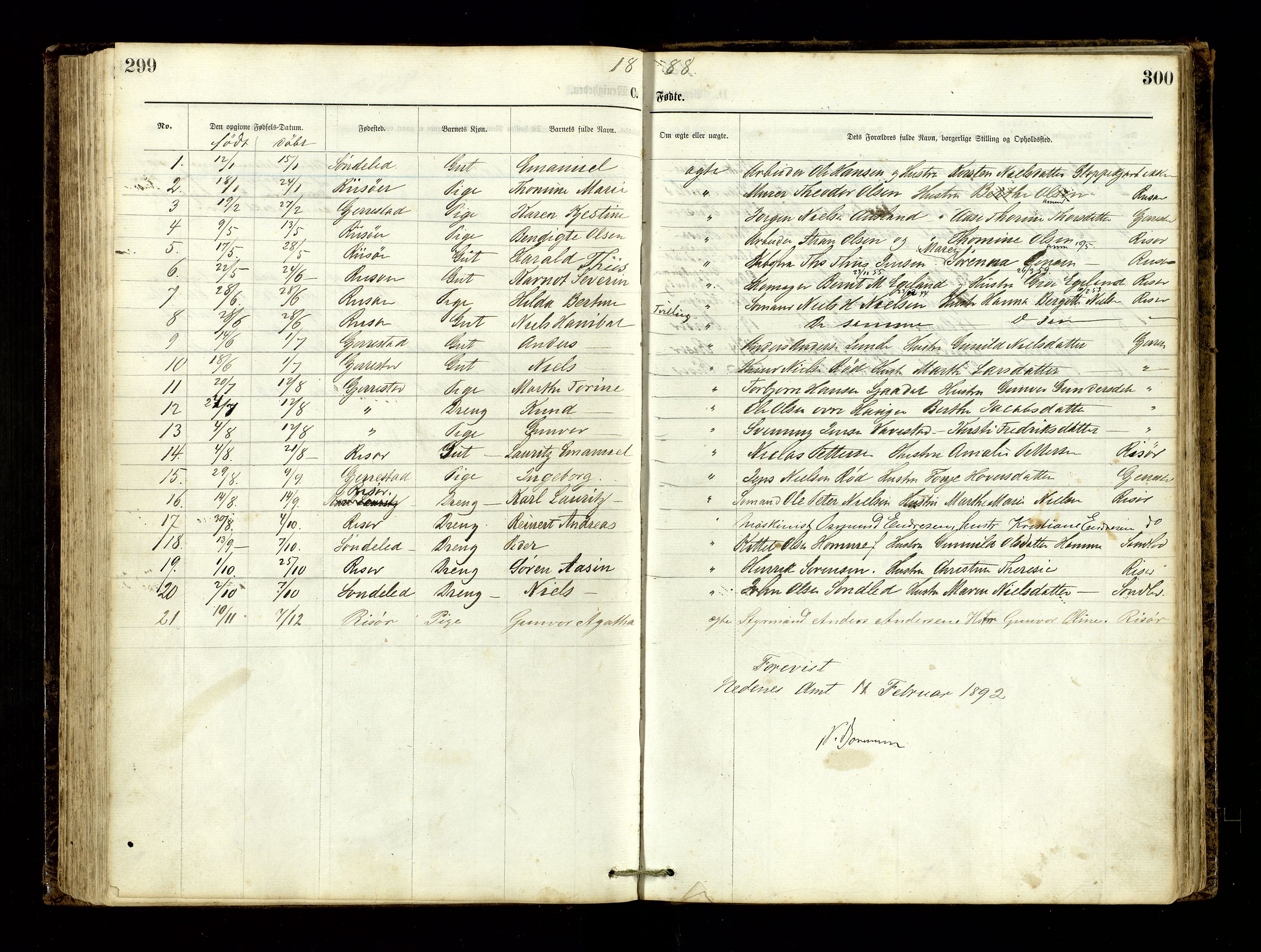 Den evangelisk-lutherske frimenighet, Risør, AV/SAK-1292-0007/F/Fa/L0001: Dissenter register no. F 17, 1877-1892, p. 299-300