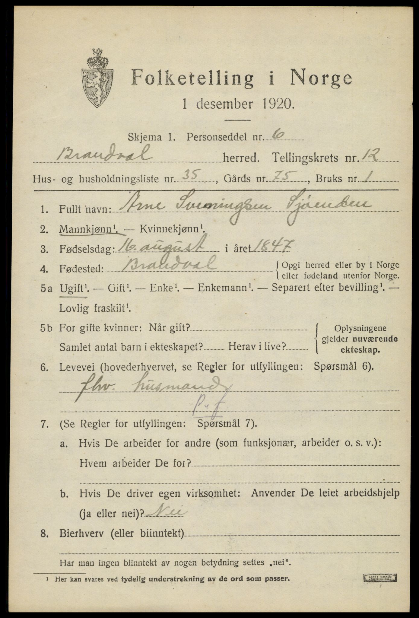 SAH, 1920 census for Brandval, 1920, p. 8848