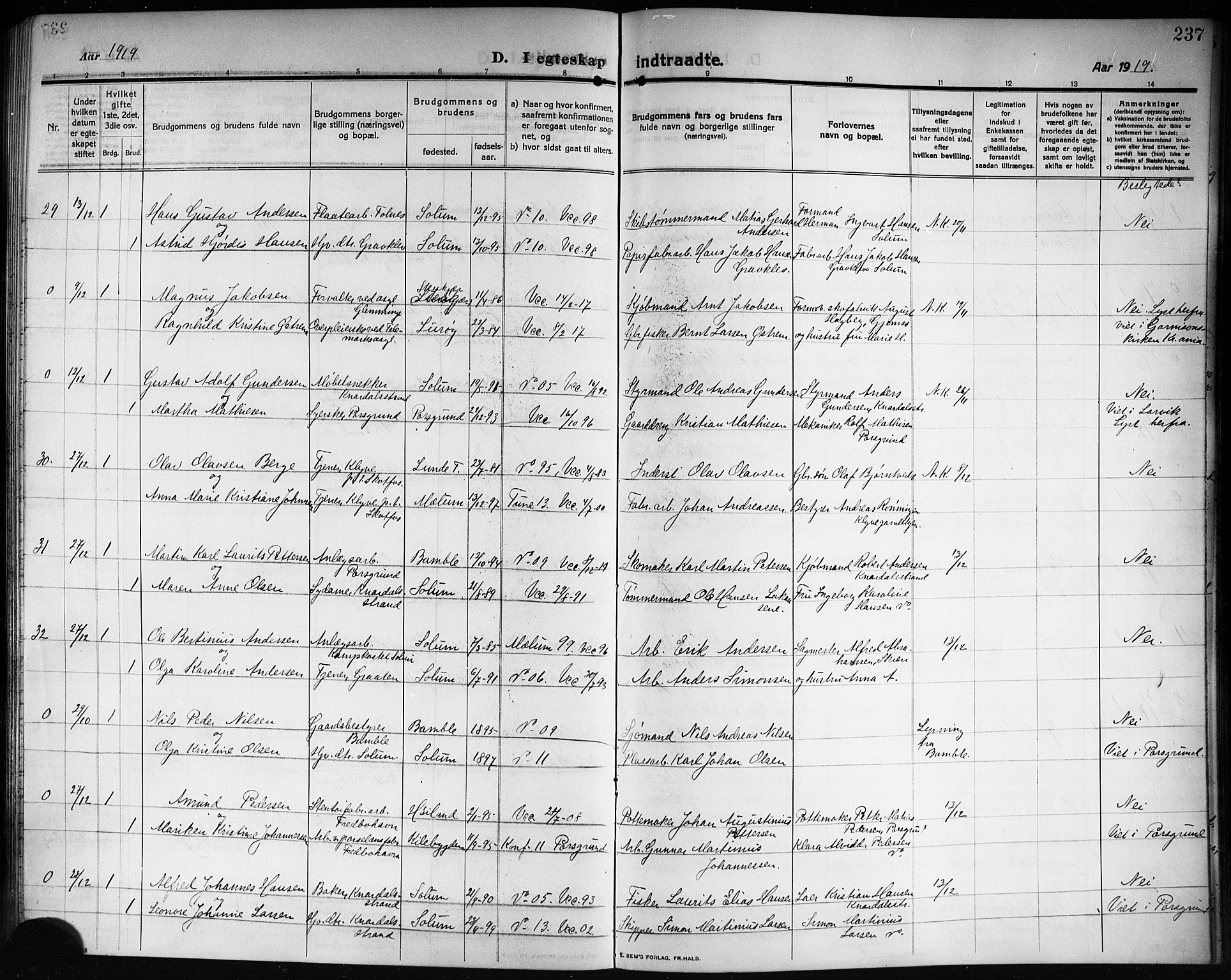 Solum kirkebøker, AV/SAKO-A-306/G/Ga/L0009: Parish register (copy) no. I 9, 1909-1922, p. 237