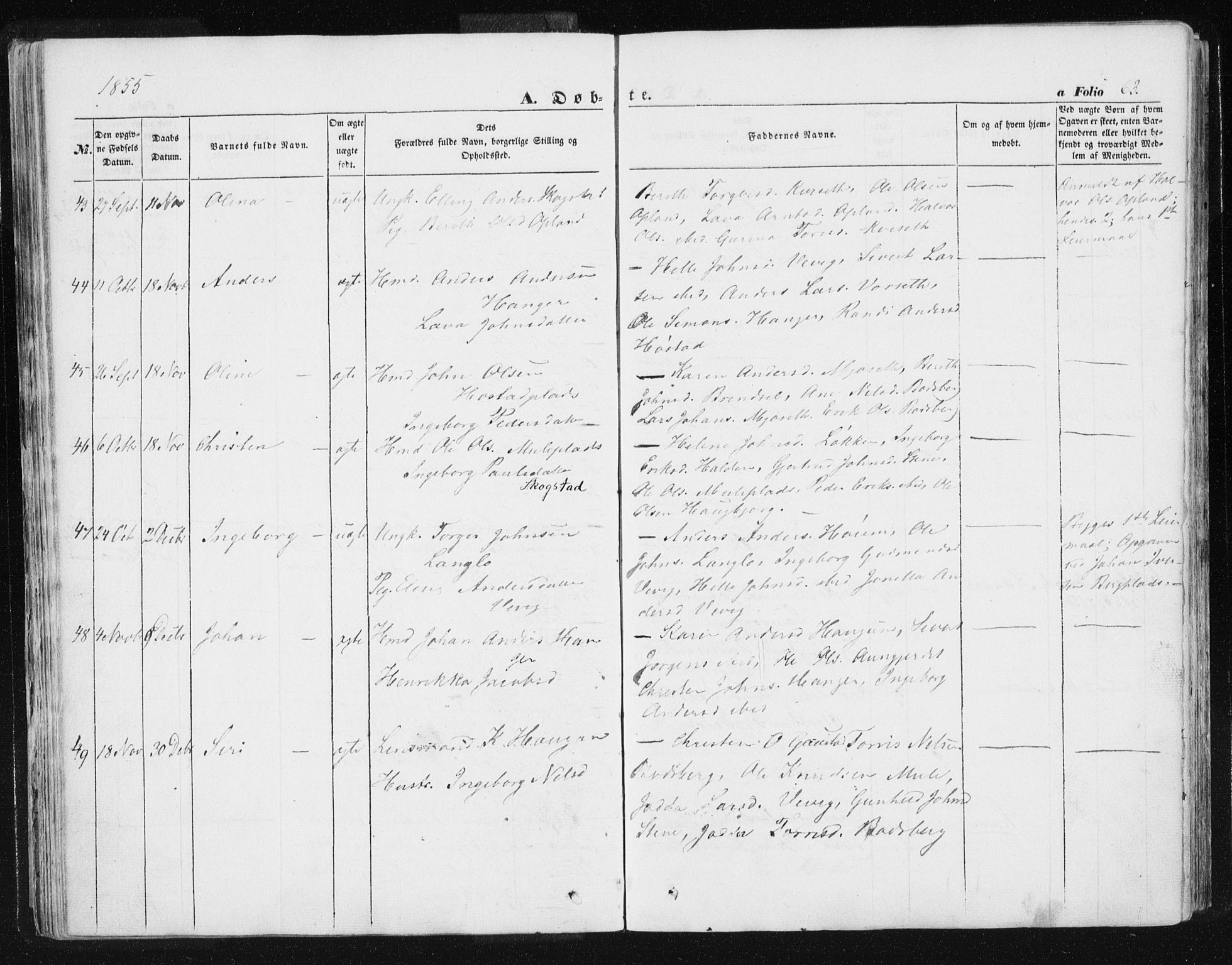 Ministerialprotokoller, klokkerbøker og fødselsregistre - Sør-Trøndelag, AV/SAT-A-1456/612/L0376: Parish register (official) no. 612A08, 1846-1859, p. 63