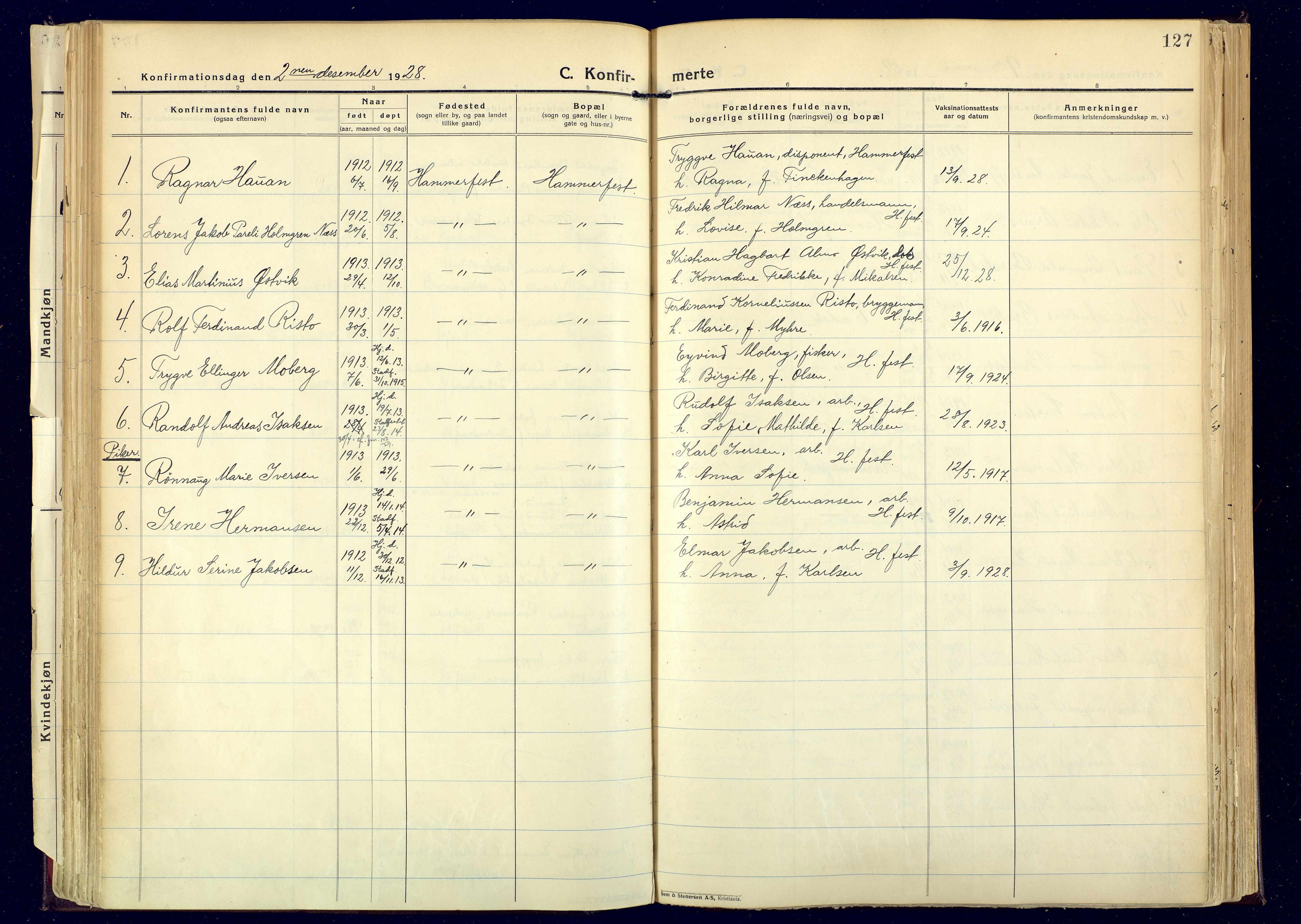 Hammerfest sokneprestkontor, AV/SATØ-S-1347/H/Ha/L0017.kirke: Parish register (official) no. 17, 1923-1933, p. 127