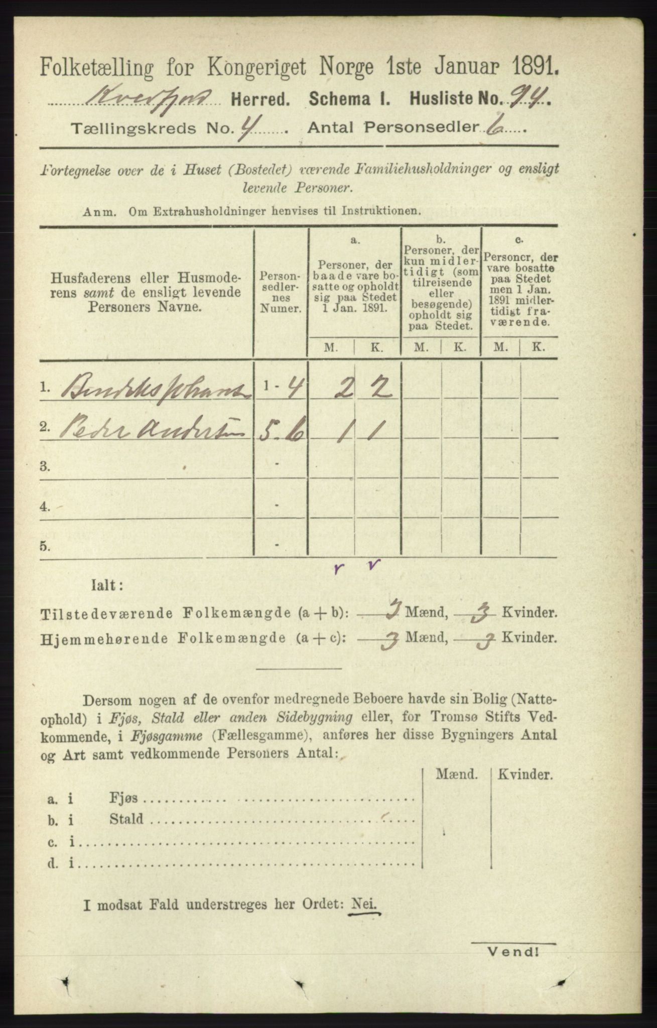 RA, 1891 census for 1911 Kvæfjord, 1891, p. 1844