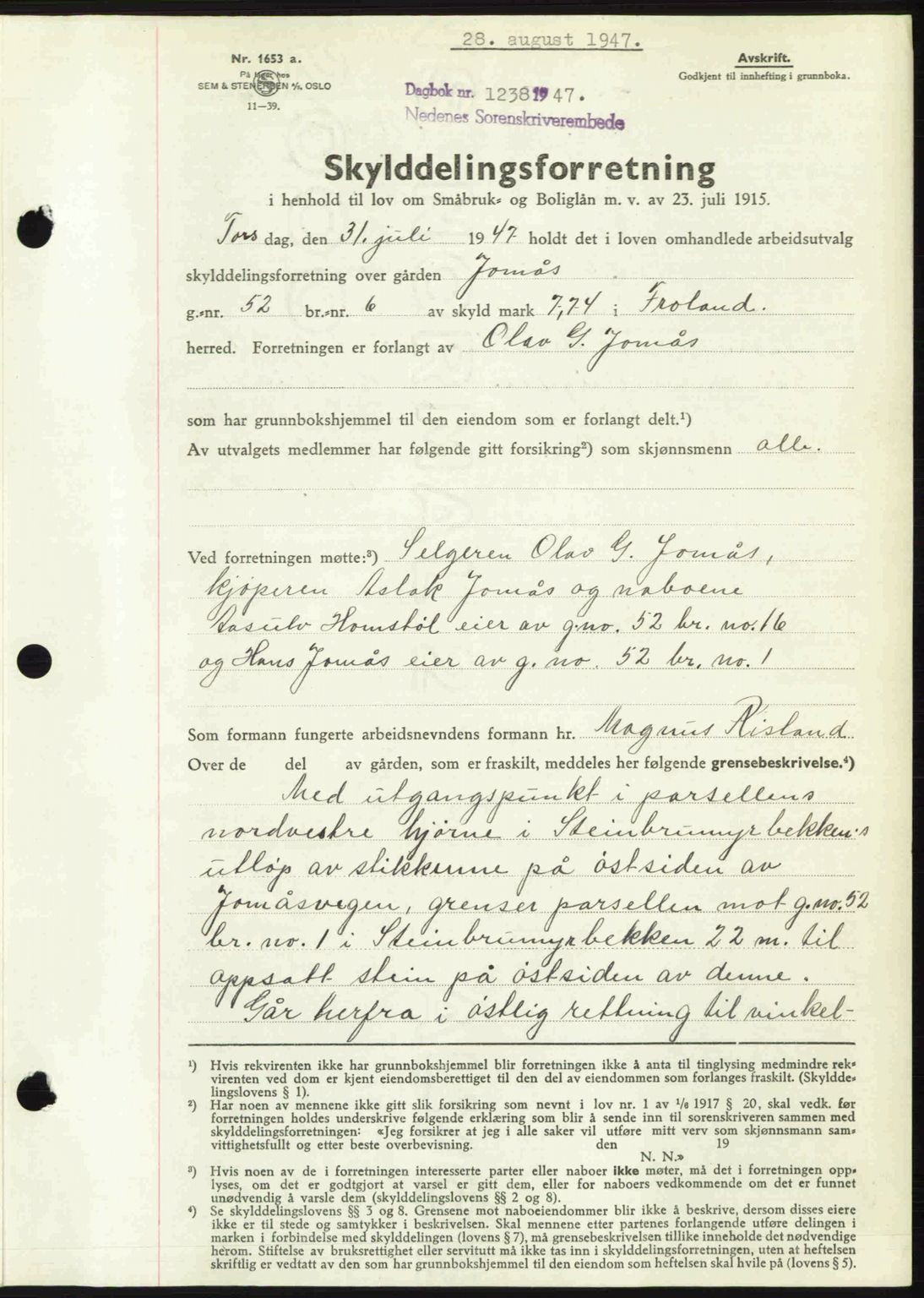 Nedenes sorenskriveri, AV/SAK-1221-0006/G/Gb/Gba/L0057: Mortgage book no. A9, 1947-1947, Diary no: : 1238/1947