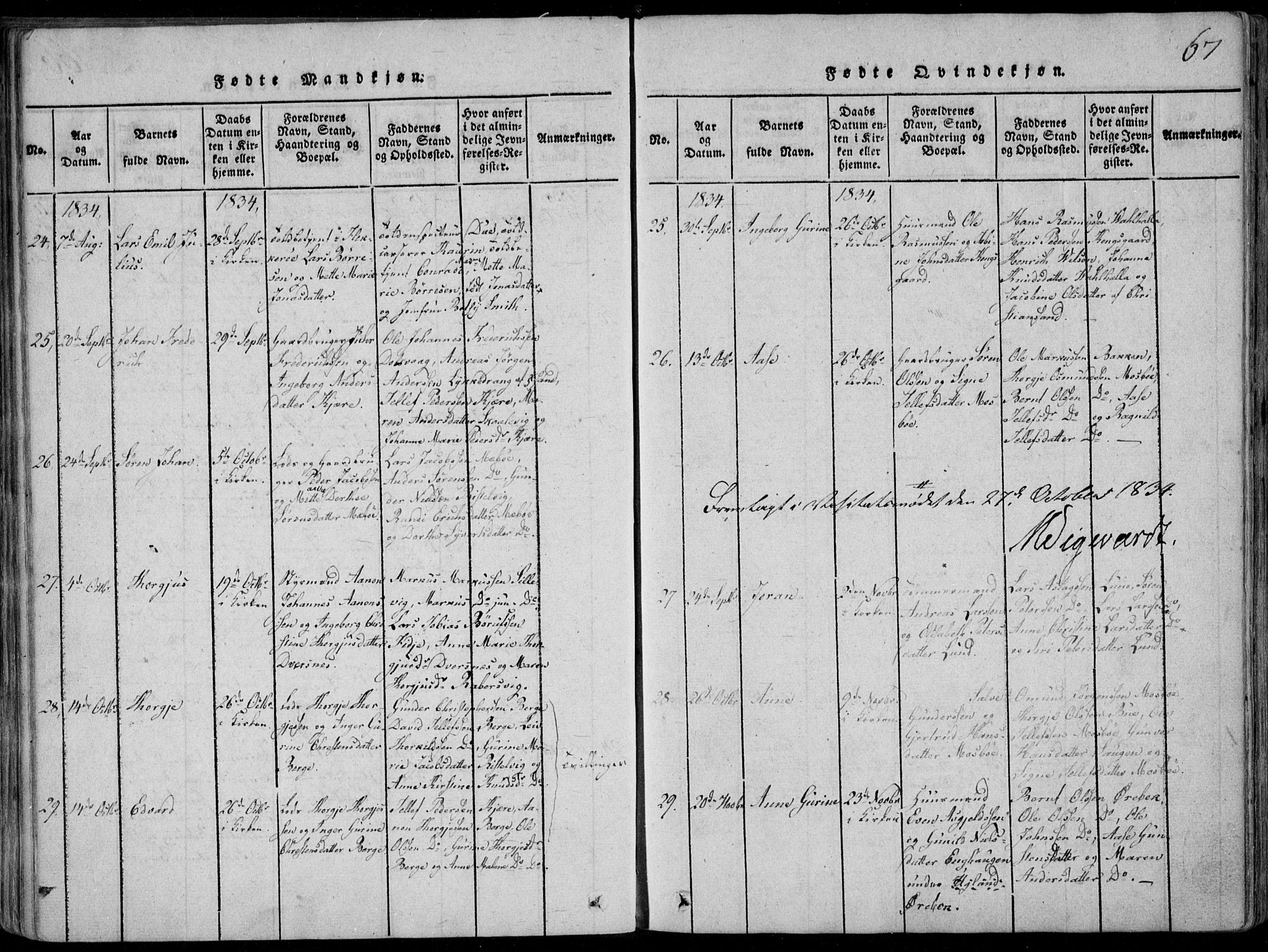 Oddernes sokneprestkontor, AV/SAK-1111-0033/F/Fa/Faa/L0005: Parish register (official) no. A 5, 1820-1838, p. 67