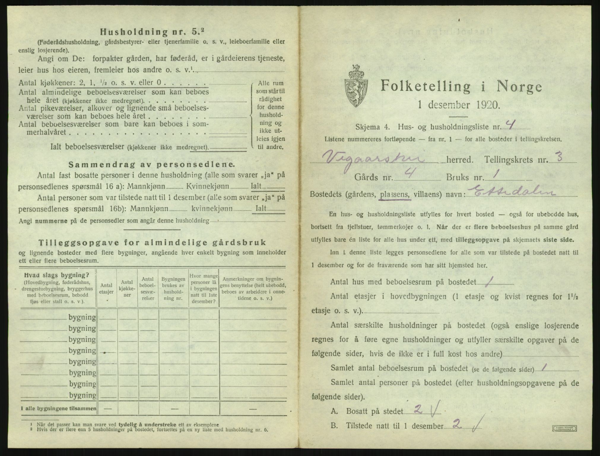 SAK, 1920 census for Vegårshei, 1920, p. 196