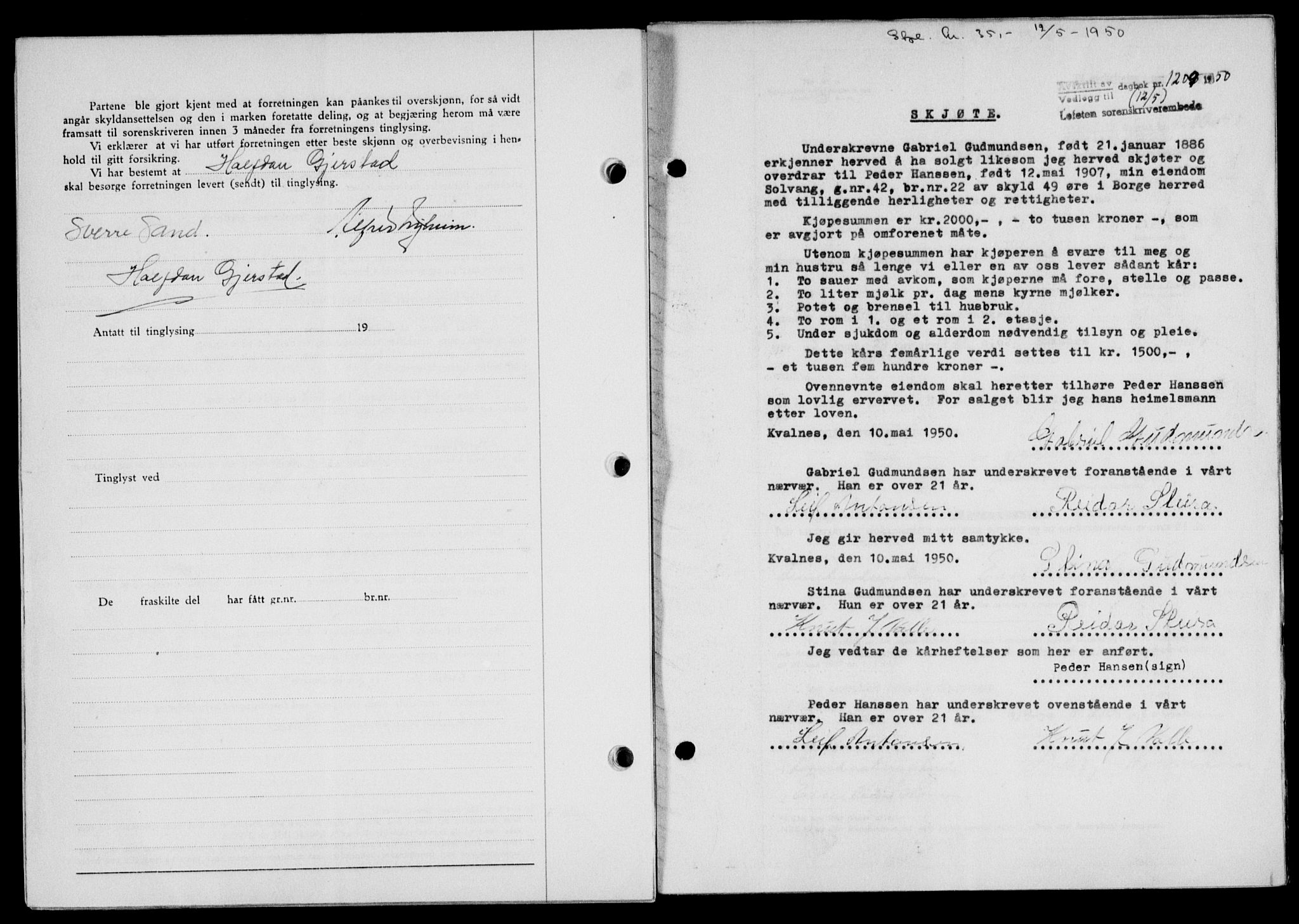 Lofoten sorenskriveri, SAT/A-0017/1/2/2C/L0023a: Mortgage book no. 23a, 1950-1950, Diary no: : 1209/1950